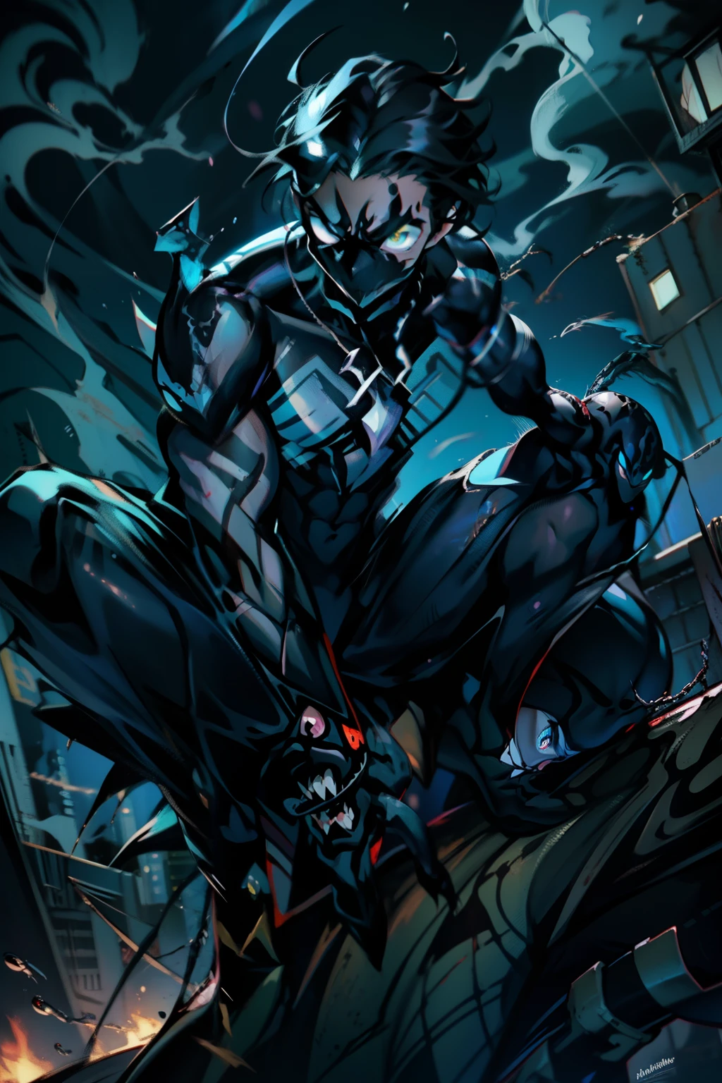 《the original god》Arataki Kazuto , male people, chest muscle, Sexy , Venom symbiote for your body, Black mucus of the body , into venom, venomize,Black bodysuit,(Cloak),Red cape,Abs,(Adult male)((Venom possession,venom symbiote)),over-Tortoise Man,Battle damage,((Masterpiece)), ((Best quality)), Ultra detailed,((illustration)), Dynamic Angle, Detailed light, (Delicate eyes), Floating, 1boy, Male focus, Head, Clothing, Yellow eyes, necklace, tattoo, (Forehead:0.8), (ahoge:0.8), jewelry, brunette color hair,apathy,Ray, chest muscle, Sexy , Venom symbiote for your body, Black mucus of the body , (into venom), Venom,frontage,Bust photo,White tight-fitting top,spiderman outfit,style of anime4 K, 4K anime wallpaper, Badass anime 8 K, 4 k comic wallpaper, young anime man, Anime boys, Anime wallpapers 4 k, Anime wallpaper 4K, High quality anime art style, Anime moe art style, Anime art wallpaper 8 K, Anime art wallpaper 4 K, RGB lighting,