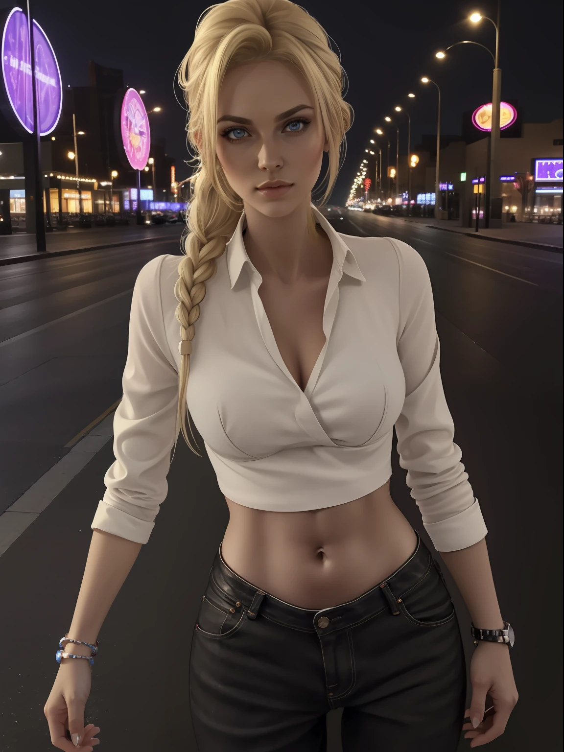 Beautiful European girl, blonde hair in a ponytail, 30 years old, beautiful thin figure symmetrical eyes, (beautifully detailed face, beautiful detailed eyes), dramatic lighting, (photo realism:1. 4), realistic, sharp focus, HD, highly complex, intricate, photography, hyperrealism, hyperrealistic, raytracing, physics-based rendering, ((8k, RAW photo, masterpiece), High detail RAW color photo, (highest quality), (best shadow), (best illustration), ultra high resolution, highly detailed CG unified 8K wallpapers), rim lighting, vivid color, post-processing, vibrant, color grading, She is standing in the middle of the street at night in Las Vegas, where there are many casinos and all of them are beautifully lit, she is not wearing clothes in which she is going to a nightclub for a party.