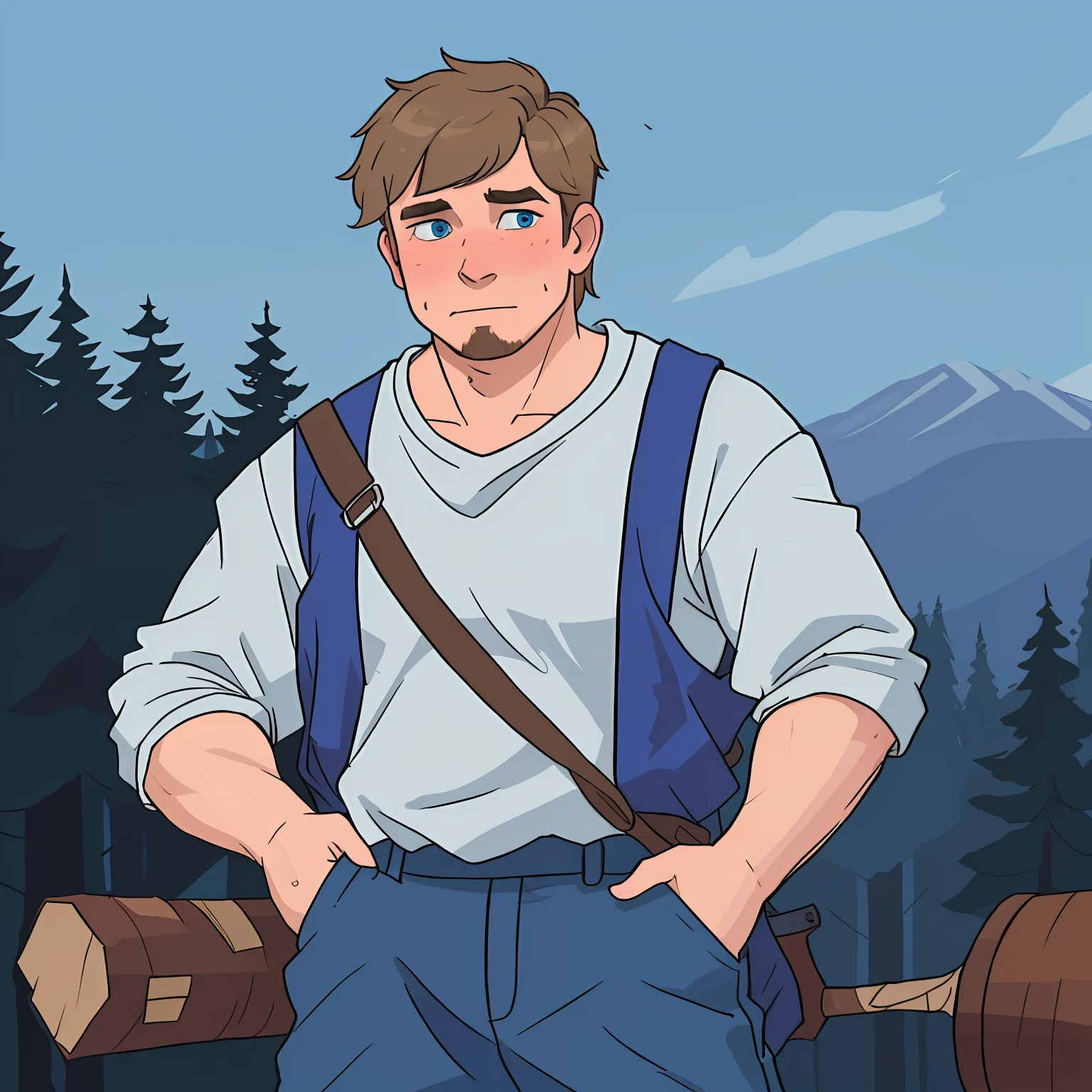 A man (solo) He lives far from the city, being a lumberjack and middle class. He is tall (1.80m) and has a strong build. His skin is pale and his eyes are blue, although his appearance is rough and worn. He wears loose-fitting, functional clothing.