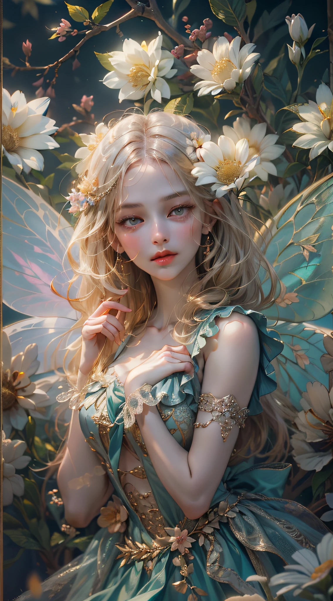 （absurderes，k hd，ultra - detailed），Mature fairy，Bust photo，Flowers in hand，Hazy flower background，（Hazy：1.3，softlighting：1.4，cinematric light：1.4）