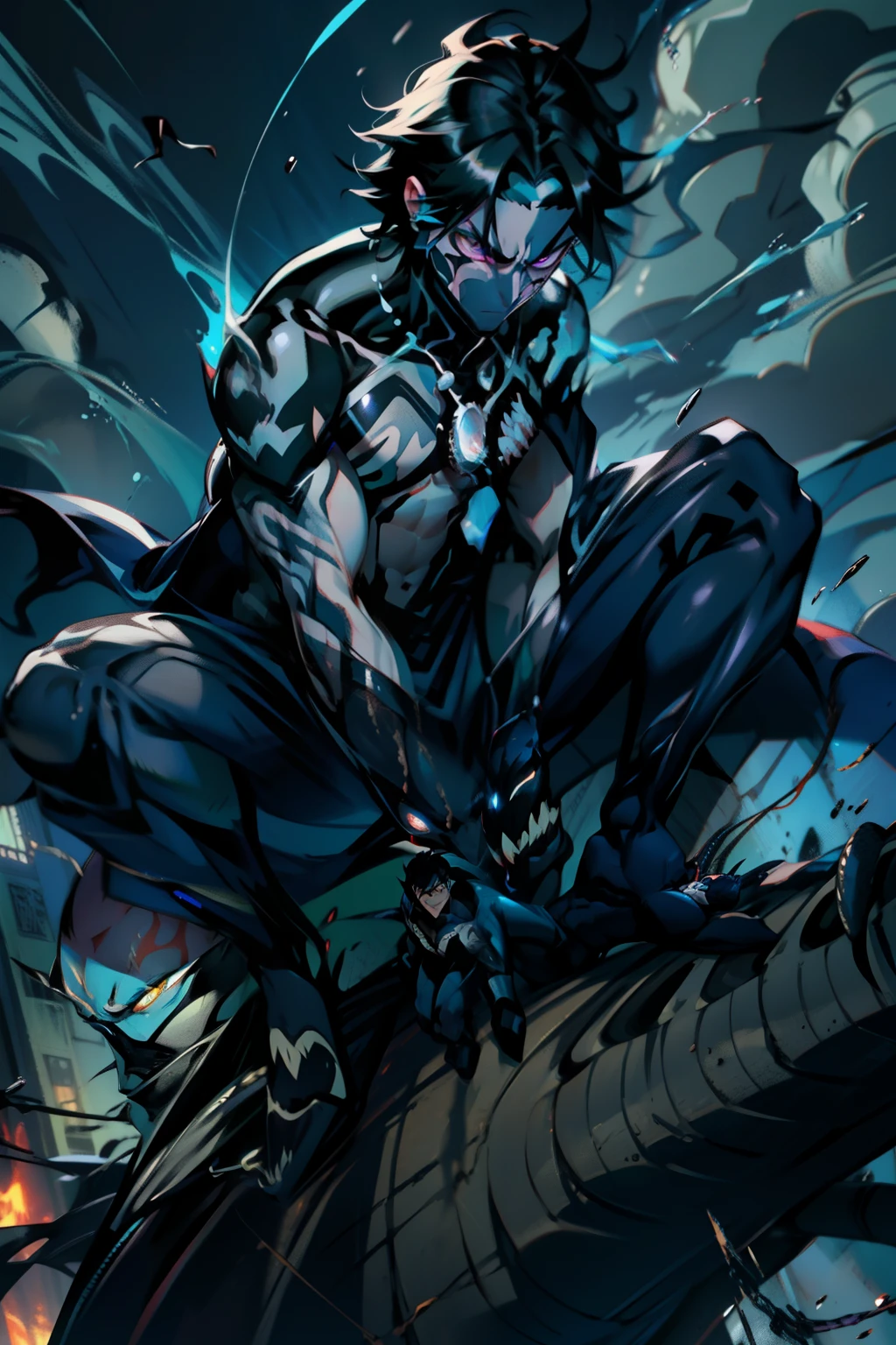 《the original god》Arataki Kazuto , male people, chest muscle, Sexy , Venom symbiote for your body, Black mucus of the body , into venom, venomize,Black bodysuit,(Cloak),Red cape,Abs,(Adult male)((Venom possession,venom symbiote)),over-Tortoise Man,Battle damage,((Masterpiece)), ((Best quality)), Ultra detailed,((illustration)), Dynamic Angle, Detailed light, (Delicate eyes), Floating, 1boy, Male focus, Head, Clothing, Yellow eyes, necklace, tattoo, (Forehead:0.8), (ahoge:0.8), jewelry, brunette color hair,apathy,Ray, chest muscle, Sexy , Venom symbiote for your body, Black mucus of the body , (into venom), Venom,frontage,Bust photo,White tight-fitting top,spiderman outfit,style of anime4 K, 4K anime wallpaper, Badass anime 8 K, 4 k comic wallpaper, young anime man, Anime boys, Anime wallpapers 4 k, Anime wallpaper 4K, High quality anime art style, Anime moe art style, Anime art wallpaper 8 K, Anime art wallpaper 4 K, RGB lighting,