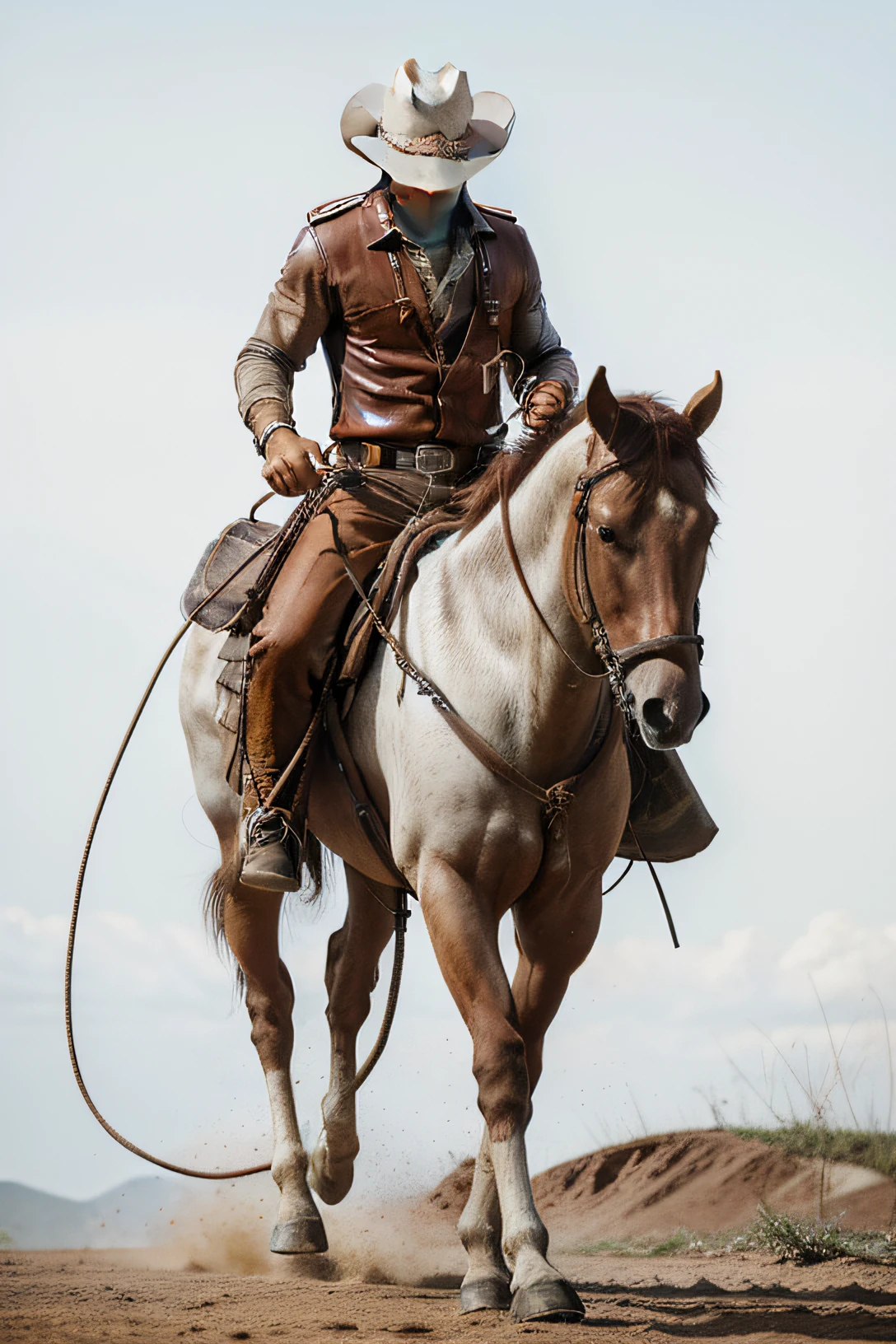 fotografia premiada de homem montado em seu cavalo branco, o homem usa uma camisa de cor marrom, brown leather pants, white hat, Rope loop in your hand, faroeste, cowboy, western, anos 1890, HD, HDR, 12k, Ultra Definition