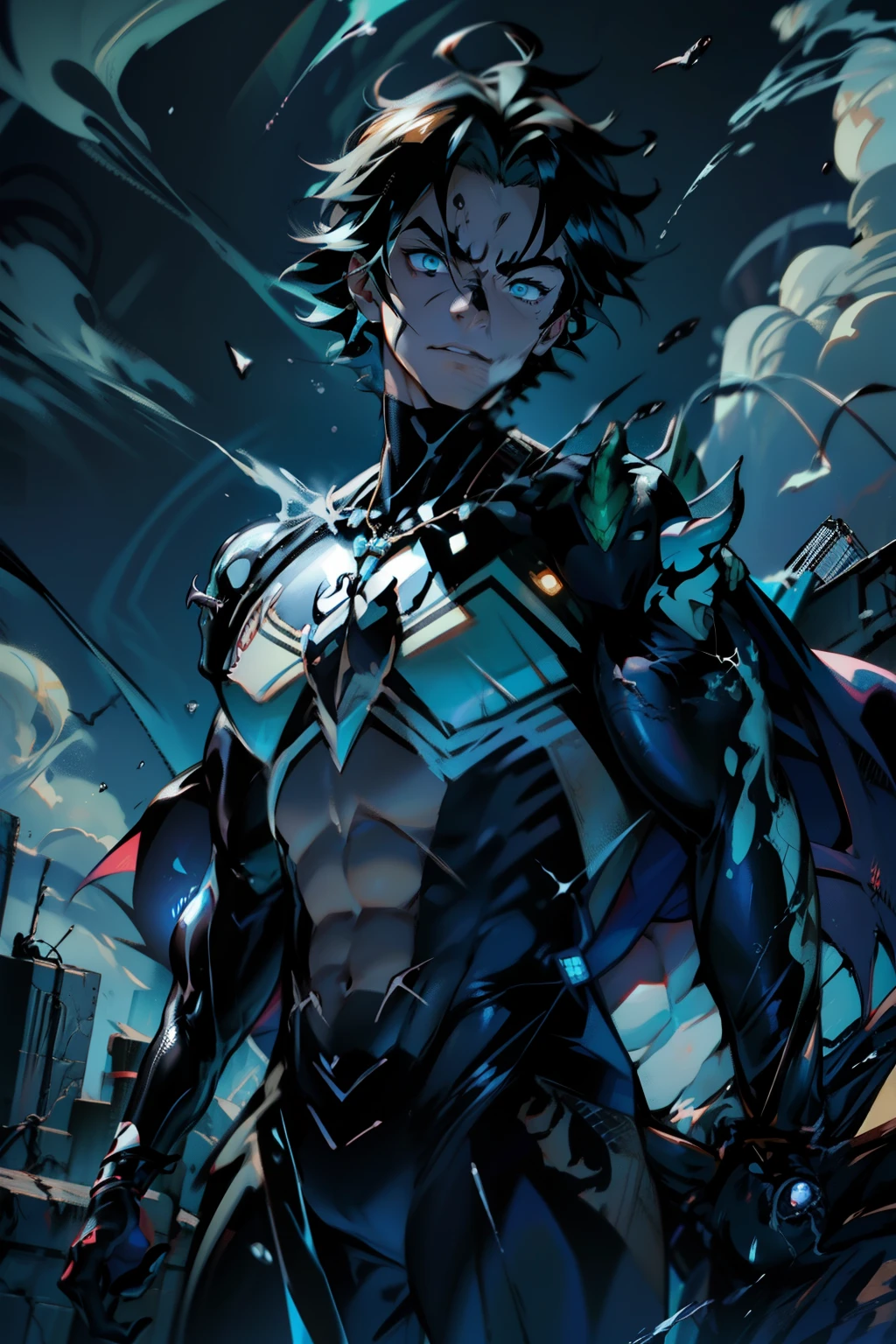 《the original god》Arataki Kazuto , male people， chest muscle， Sexy , Venom symbiote for your body, Black mucus of the body , into venom, venomize，Black bodysuit，（Cloak），Red cape，Abs，（Adult male）（（Venom possession，venom symbiote）），over-Tortoise Man，Battle damage，((Masterpiece)), ((Best quality)), Ultra detailed,((illustration)), Dynamic Angle, Detailed light, (Delicate eyes), Floating, 1boy, Male focus, Head, Clothing, Yellow eyes, necklace, tattoo, (Forehead:0.8), (ahoge:0.8), jewelry, brunette color hair,apathy，Ray， chest muscle， Sexy , Venom symbiote for your body, Black mucus of the body , （into venom）, Venom，frontage，Bust photo，White tight-fitting top，spiderman outfit，style of anime4 K， 4K anime wallpaper， Badass anime 8 K， 4 k comic wallpaper， young anime man， Anime boys， Anime wallpapers 4 k， Anime wallpaper 4K， High quality anime art style， Anime moe art style， Anime art wallpaper 8 K， Anime art wallpaper 4 K， RGB lighting，