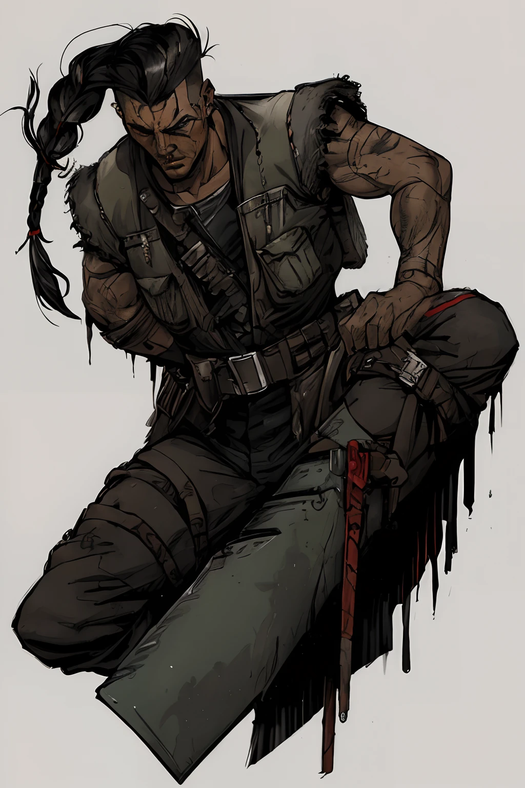 A badass stealthy Native American young man in long ragged futuristic scout gear wielding a blade, with a touch of blood and showcasing his skills as a futuristic ruthless butcher assassin and scout. He also has a shaved sides of his head and a long braid. Best quality, (masterpiece), ( methurlant), (comic), y2k animation, intricate detail, smooth, (futuristic),