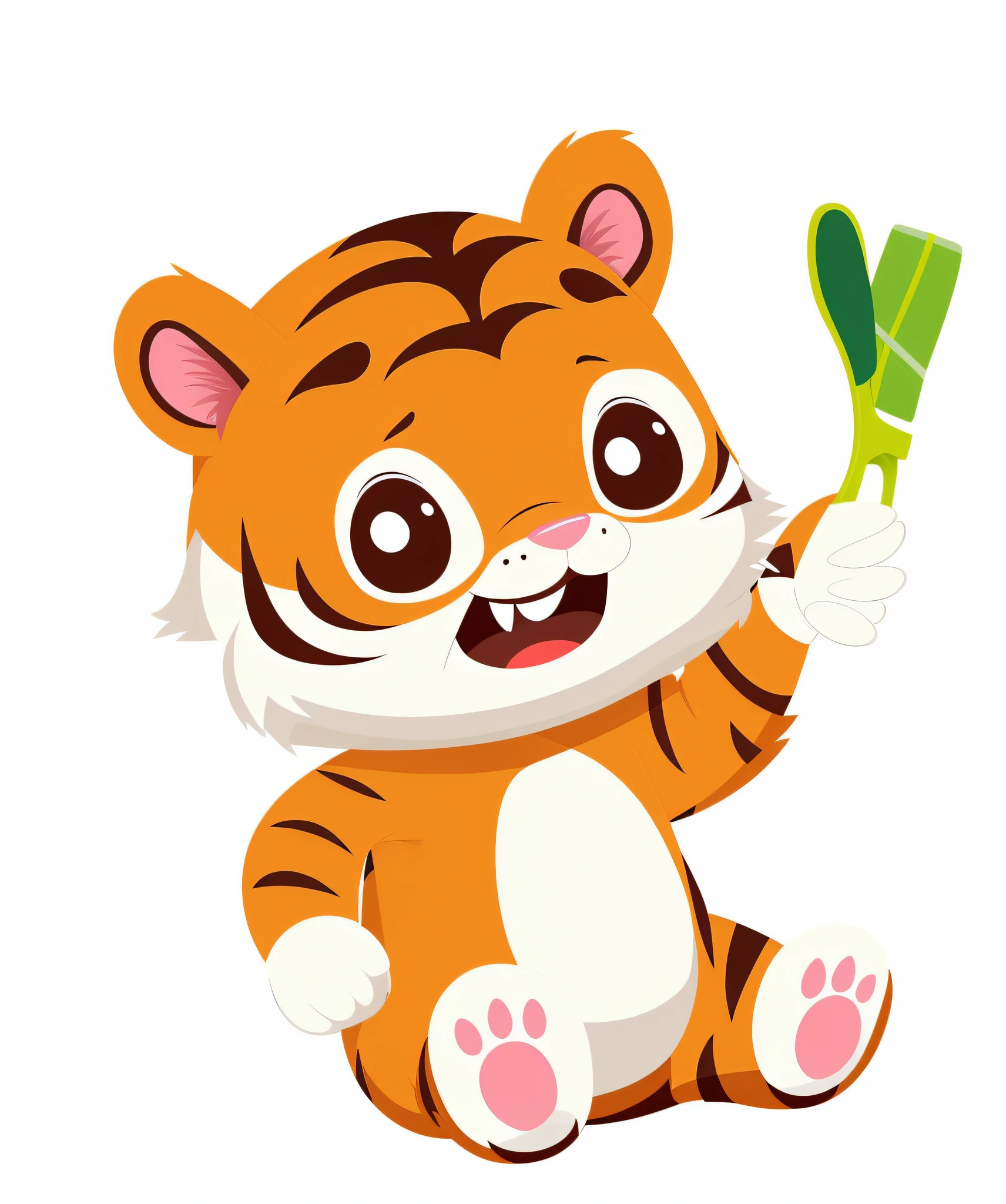 Cartoon tiger holding green leaves and toothbrush, The tiger is smiling, one tiger, Anthropomorphic tiger, ((Tiger)), tian zi, Tiger, Ready to eat, tony the tiger, tigre, mascot illustrations, squirrels/Tiger, ferocious appearance, 2D, 2 d, eats bambus, children's book illustrations, Cartoon Cute, Cartoon illustration,Blue background color