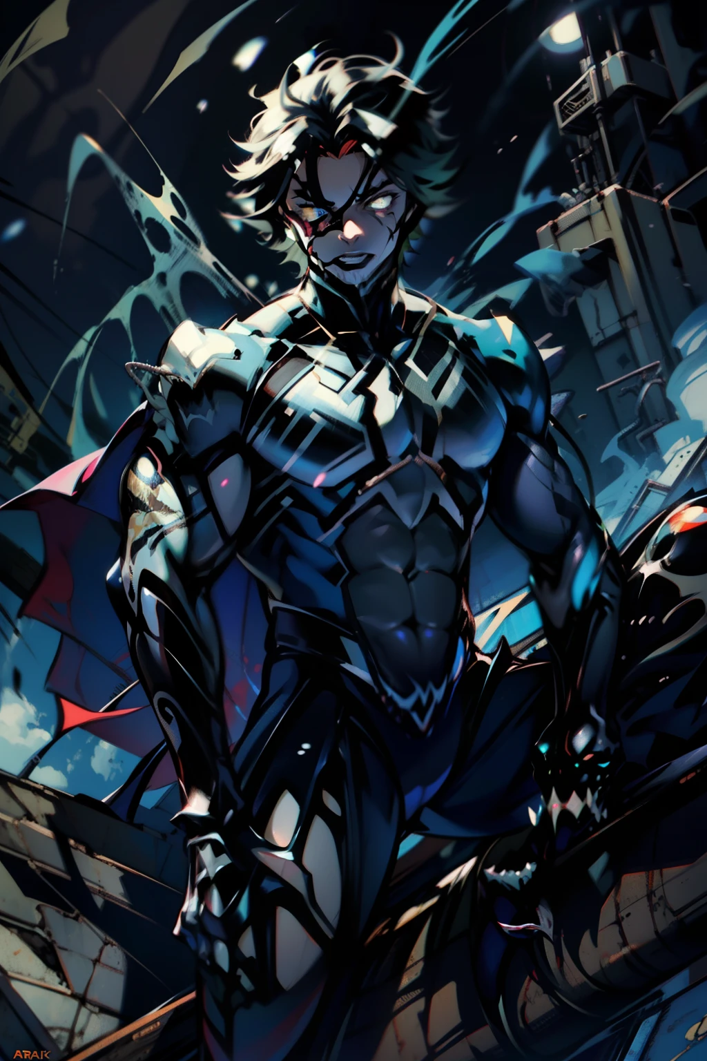 《the original god》Arataki Kazuto , male people, chest muscle, Sexy , Venom symbiote for your body, Black mucus of the body , into venom, venomize,Black bodysuit,(Cloak),Red cape,Abs,(Adult male)((Venom possession,venom symbiote)),over-Tortoise Man,Battle damage,((Masterpiece)), ((Best quality)), Ultra detailed,((illustration)), Dynamic Angle, Detailed light, (Delicate eyes), Floating, 1boy, Male focus, Head, Clothing, Yellow eyes, necklace, tattoo, (Forehead:0.8), (ahoge:0.8), jewelry, brunette color hair,apathy,Ray, chest muscle, Sexy , Venom symbiote for your body, Black mucus of the body , (into venom), Venom,frontage,Bust photo,White tight-fitting top,spiderman outfit,style of anime4 K, 4K anime wallpaper, Badass anime 8 K, 4 k comic wallpaper, young anime man, Anime boys, Anime wallpapers 4 k, Anime wallpaper 4K, High quality anime art style, Anime moe art style, Anime art wallpaper 8 K, Anime art wallpaper 4 K, RGB lighting,