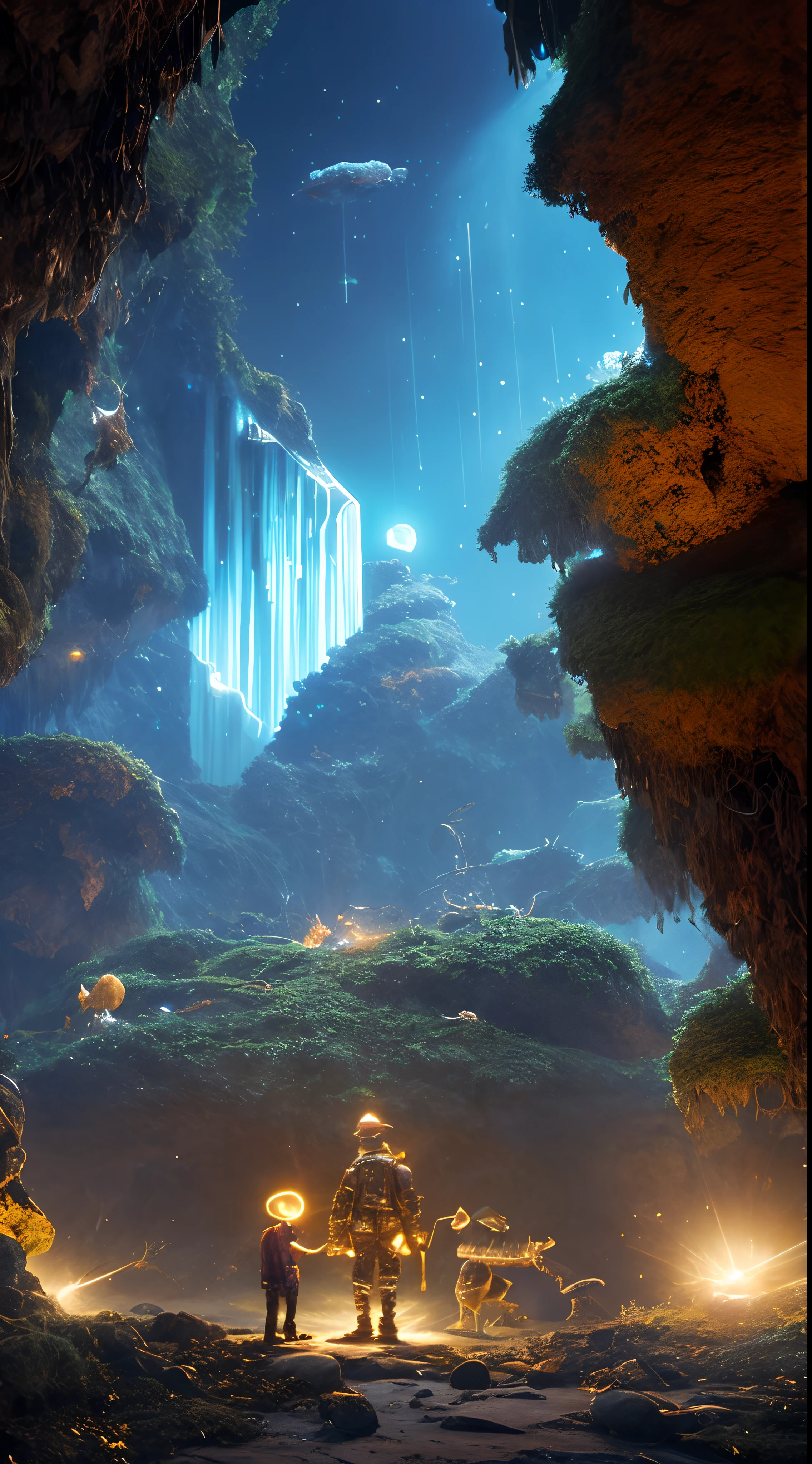 An imaginative digital painting featuring a young boy's journey to uncover hidden treasure. The boy, with a mop of curly black hair and a curious expression, stands in the entrance of a mystical cave illuminated by bioluminescent crystals. The walls of the cave are adorned with ancient carvings, depicting legends of riches and adventure. He wears an explorer's outfit with futuristic elements, including a glowing utility belt and goggles. The art style combines elements of sci-fi and fantasy, drawing inspiration from the works of Simon Stålenhag and Syd Mead. The camera shot is a close-up, focusing on the boy's determined gaze and the intricate details of the cave's interior. The lens used is a macro lens, highlighting textures and small details. The lighting is ethereal, with the soft glow of the crystals casting an otherworldly aura. The final image should have a resolution of 64K