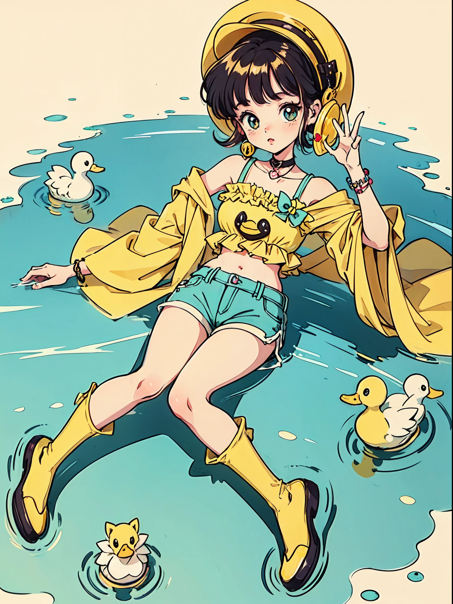 1girl, duckie theme, toy duck, yellow animal cute, she is playing with ducks in a lake with turquois waters and bubbles floating around, cute hat, duckie shaped choker and accesories, shorts in yellow color, her hair is black and long