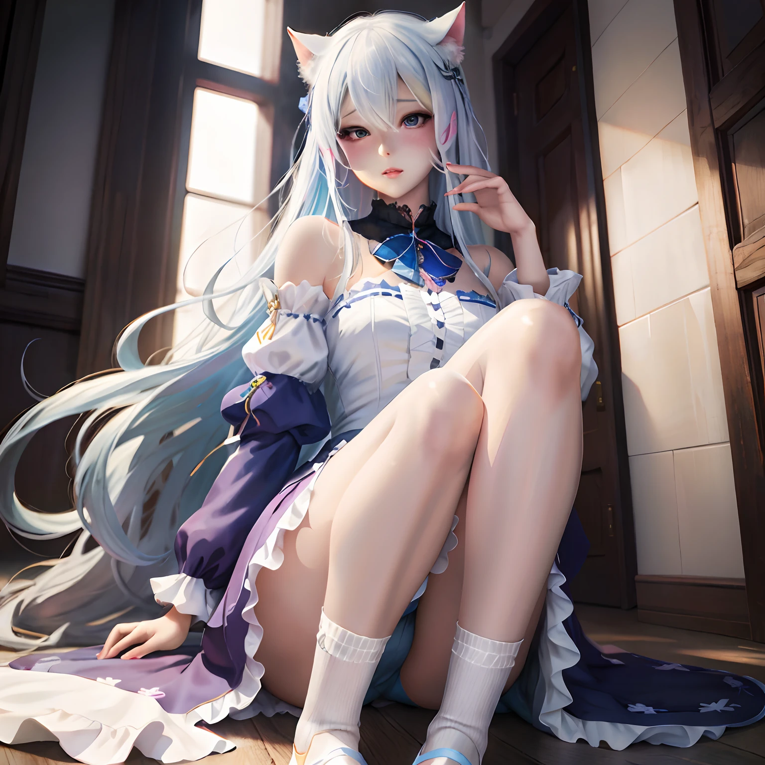 Alafi sat on the floor，legs crossed，Tilt your head, 8K high quality detailed art, Very beautiful anime cat girl, photorealistic anime girl rendering, trending on artstation pixiv, Guweiz on ArtStation Pixiv, Guviz-style artwork, Smooth anime CG art, cute anime waifu in a nice dress