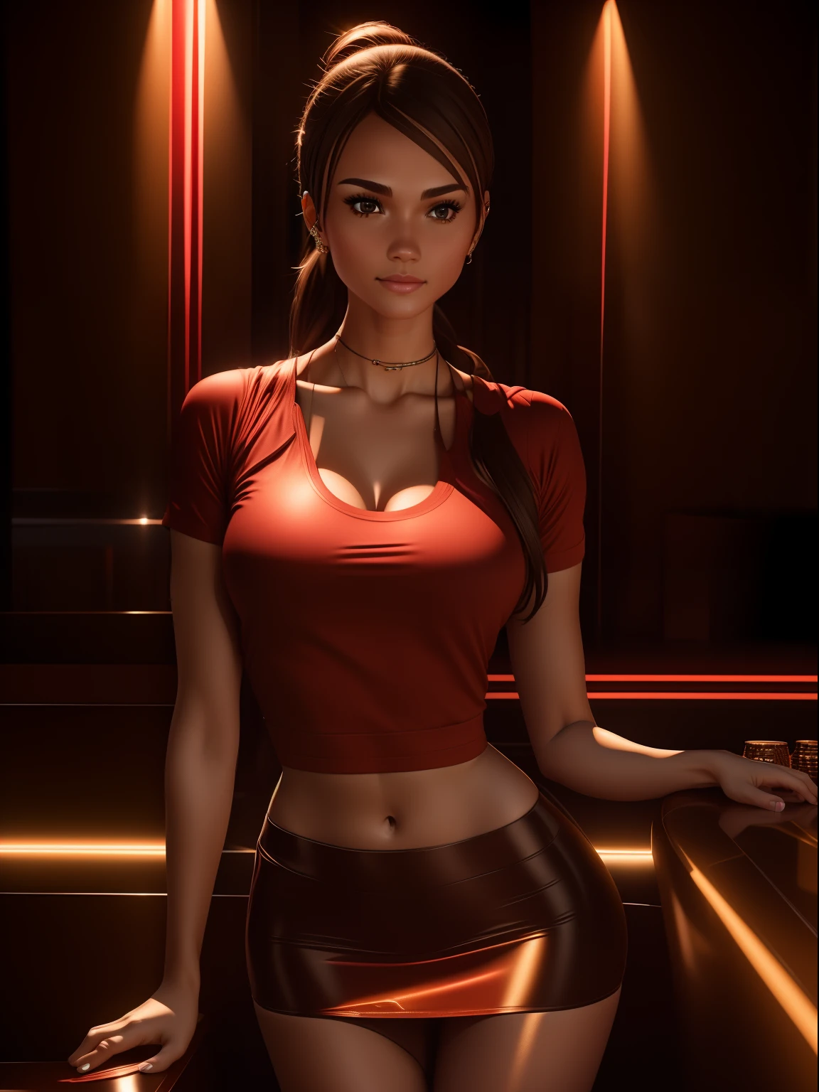 She looks a bit like Jessica Alba, Beautiful Brazilian girl, brown hair in a ponytail, 18 years old, beautiful thin figure symmetrical eyes, (beautifully detailed face, beautiful detailed eyes), dramatic lighting, (photo realism:1. 4), realistic, sharp focus, HD, highly complex, intricate, photography, hyperrealism, hyperrealistic, raytracing, physics-based rendering, ((8k, RAW photo, masterpiece), High detail RAW color photo, (highest quality), (best shadow), (best illustration), ultra high resolution, highly detailed CG unified 8K wallpapers), rim lighting, vivid color, post-processing, vibrant, color grading, She is standing in a casino in las vegas, part of the casino is a strip club, She is wearing a red t-shirt and a tight mini skirt