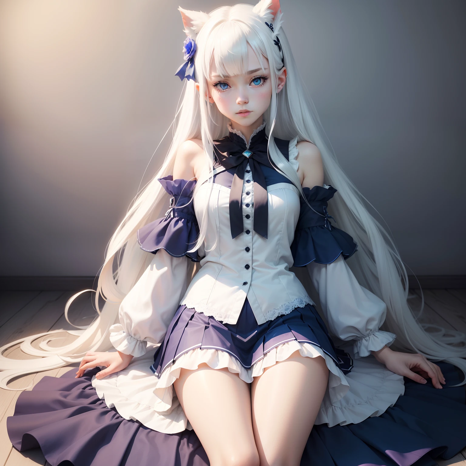 Beast Ear Royal Sister，femele，White color hair，blue color eyes，dishiveredhair，long leges，Bare legged，JK skirt，二重まぶた，Shy，ultra - detailed