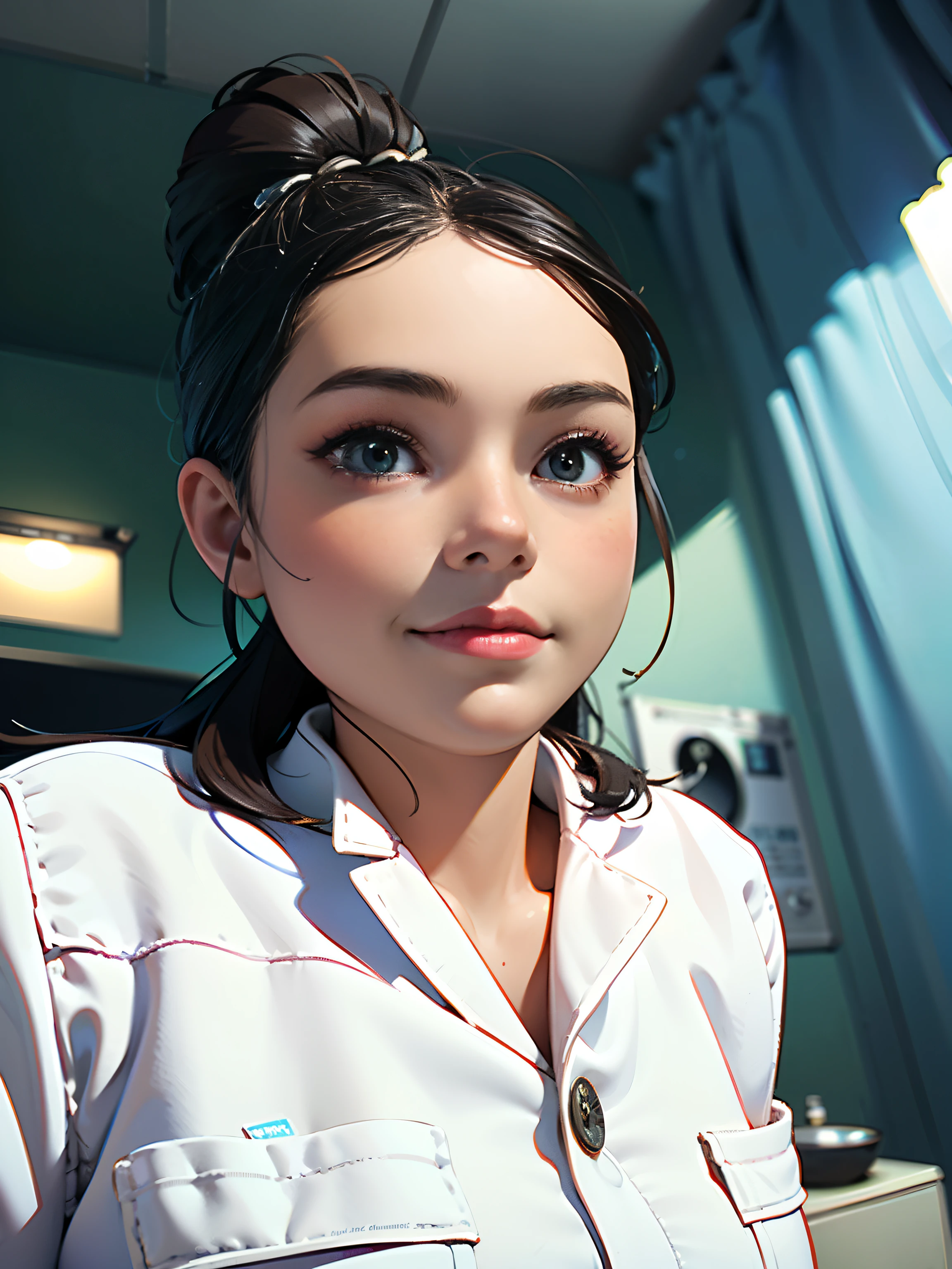 ((Best quality)),((ultradetailed)), ((Masterpiece)), illustration,A young and beautiful woman,((Clean skin,Playful face,s the perfect face))in hospital,wearing hospital gown,Bright smile