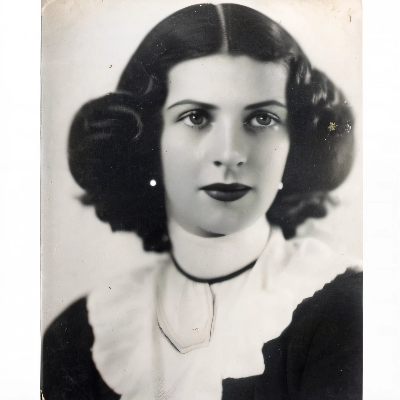 arafed black and white photo of a woman with a collared shirt, in her early 20s, 1 9 4 0 picture, taken in the early 1930s, 1930s photograph, lola dupre, 1 9 3 0 s haircut, magda torres gurza, meni chatzipanagiotou, chatzipanagiotou, The photograph was captured with a Canon EOS R camera using a 50mm lens at f/2. 8, ISO 100, and a shutter speed of 1/100 sec.