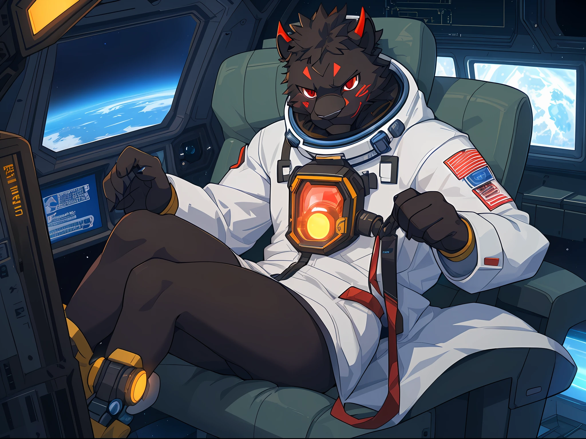 trending on pixiv, (masterpiece), (anime), (male_only) (furry), (couple drawing), (2characters: a {black fur panther with red eyes dressed as a cybernetic astronaut}, a {skinny space scientist professor: white fluffy hair sheep with demon horns and dressed with a white coat and goggles.}), sitting in a spacious spaceship's cockpit, (fixing an emergency error on the motherboard), (panic lights), (small build), (tail), (visible fur paws), (backlit), crash landing, warning screens