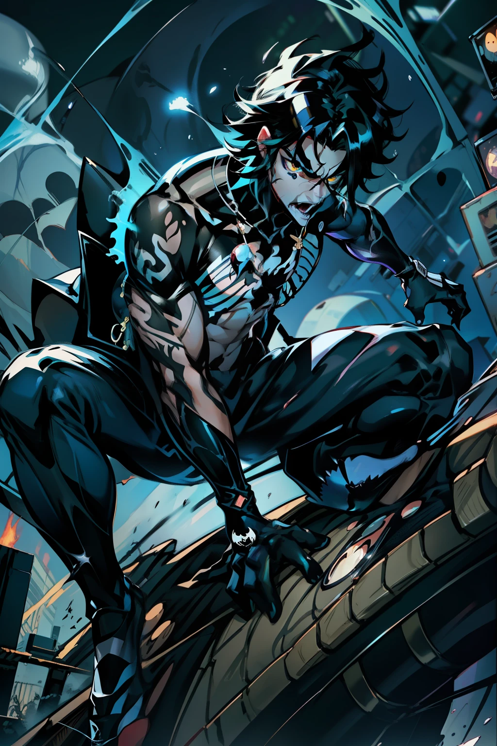 《the original god》Arataki Kazuto , male people， chest muscle， Sexy , Venom symbiote for your body, Black mucus of the body , into venom, venomize，Black bodysuit，（Cloak），Red cape，Abs，（Adult male）（（Venom possession，venom symbiote）），over-Tortoise Man，Battle damage，((Masterpiece)), ((Best quality)), Ultra detailed,((illustration)), Dynamic Angle, Detailed light, (Delicate eyes), Floating, 1boy, Male focus, Head, Clothing, Yellow eyes, necklace, tattoo, (Forehead:0.8), (ahoge:0.8), jewelry, brunette color hair,apathy，Ray， chest muscle， Sexy , Venom symbiote for your body, Black mucus of the body , （into venom）, Venom，frontage，Bust photo，White tight-fitting top，spiderman outfit，style of anime4 K， 4K anime wallpaper， Badass anime 8 K， 4 k comic wallpaper， young anime man， Anime boys， Anime wallpapers 4 k， Anime wallpaper 4K， High quality anime art style， Anime moe art style， Anime art wallpaper 8 K， Anime art wallpaper 4 K， RGB lighting，