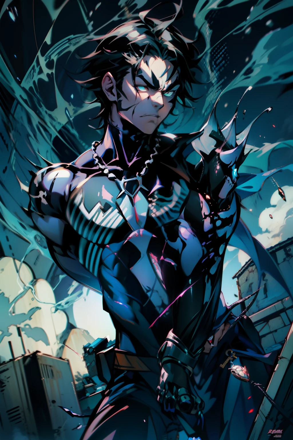 《the original god》Arataki Kazuto , male people, chest muscle, Sexy , Venom symbiote for your body, Black mucus of the body , into venom, venomize,Black bodysuit,(Cloak),Red cape,Abs,(Adult male)((Venom possession,venom symbiote)),over-Tortoise Man,Battle damage,((Masterpiece)), ((Best quality)), Ultra detailed,((illustration)), Dynamic Angle, Detailed light, (Delicate eyes), Floating, 1boy, Male focus, Head, Clothing, Yellow eyes, necklace, tattoo, (Forehead:0.8), (ahoge:0.8), jewelry, brunette color hair,apathy,Ray, chest muscle, Sexy , Venom symbiote for your body, Black mucus of the body , (into venom), Venom,frontage,Bust photo,White tight-fitting top,spiderman outfit,style of anime4 K, 4K anime wallpaper, Badass anime 8 K, 4 k comic wallpaper, young anime man, Anime boys, Anime wallpapers 4 k, Anime wallpaper 4K, High quality anime art style, Anime moe art style, Anime art wallpaper 8 K, Anime art wallpaper 4 K, RGB lighting,