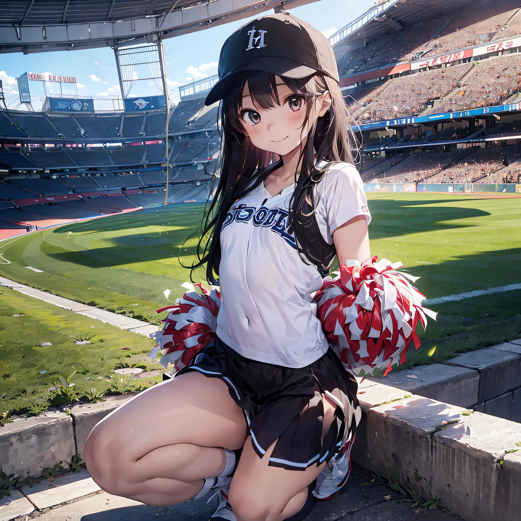 （Cheerleader with a big pom-pom:1.3）、(stadio:1.5)、(tiny chest:1.4)、Raw photography, top-quality, hight resolution, (​masterpiece), (Photorealsitic:1.4), animesque, foco nítido, nffsw, 8K分辨率, intricate detailes, depth of fields, the Extremely Detailed CG Unity 8K Wallpapers, front lit, girl with, Smile、(A slender:1.3)、(shot from top:1.5)、Wear a baseball cap on your head、see -through、Squatting、Show panties