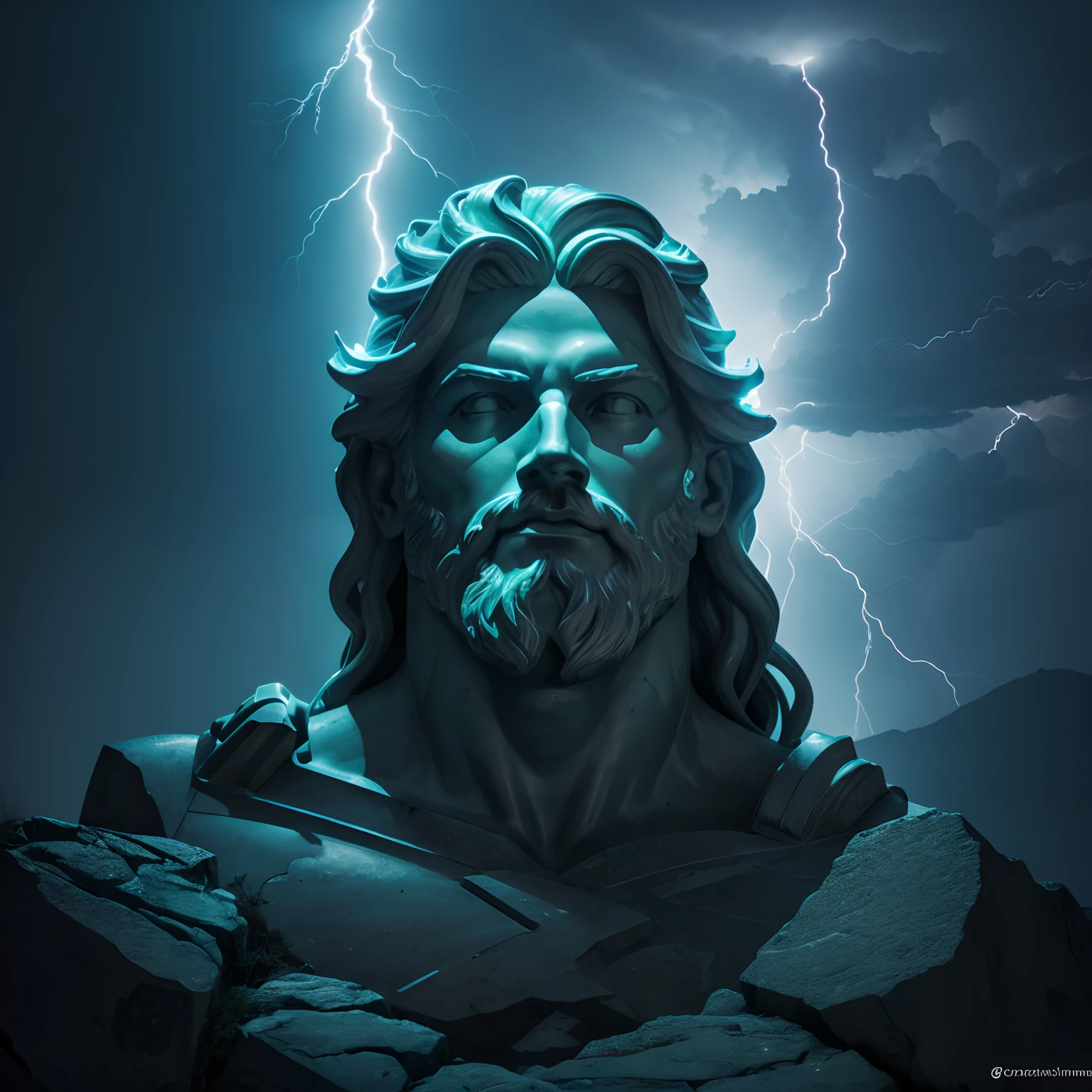 (neon lightning around the head:1.1), monumento, (Head Close-up), epic scene of zeus, lightnings, foco nítido, fantasia, arte conceitual, dynamic lighting, Epic composition, estilo Michelangelo