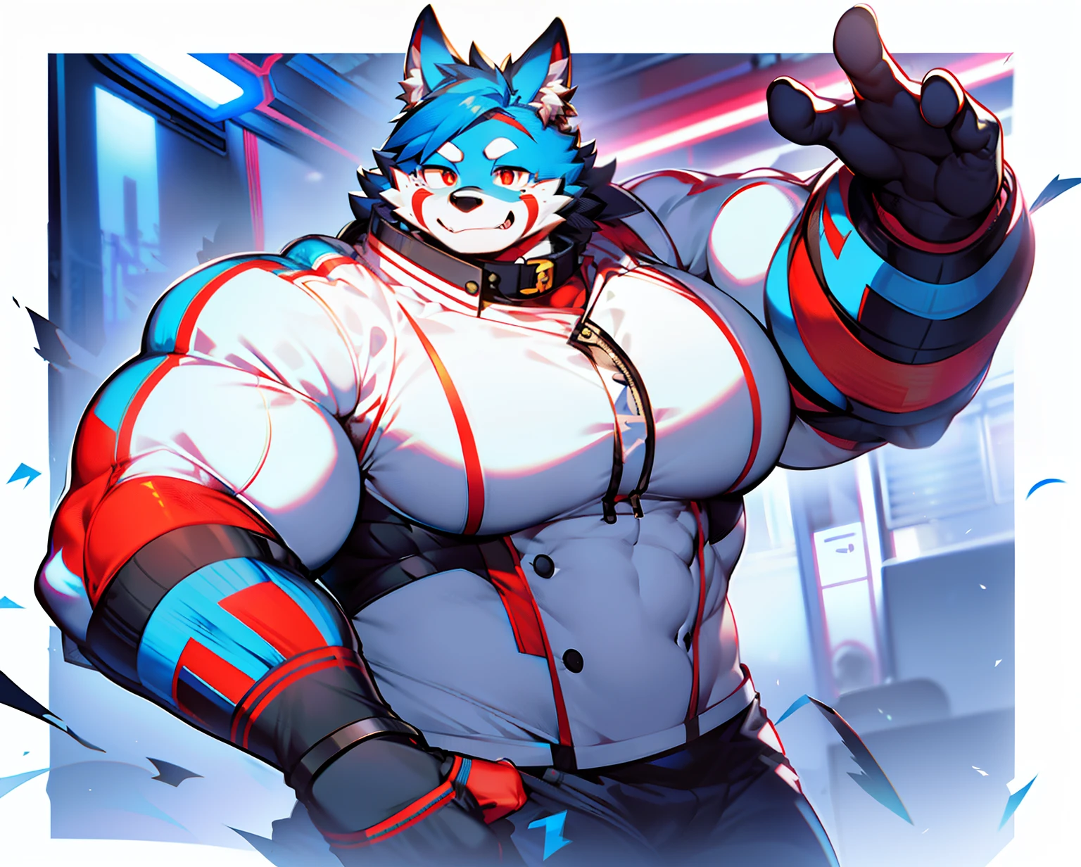 coyote，Furry，Blue hair，musculature，Muscle men，nakeness，Strong，ultraclear，Has a large ，Collar，Black  shorts，Black sclera，red pupils，Abs，Yellow coat，The erection，Collar，Has a large ，der riese，tit，Solo，Stout arms，Storm jacket，Badge，Pronounced abs，ssmile，subway station background，Urban style，hold fists,Big ，Hand Guard，mitts，Blue shoes，red striped，Handsome expression，Pronounced abs，Blood-red pupils，