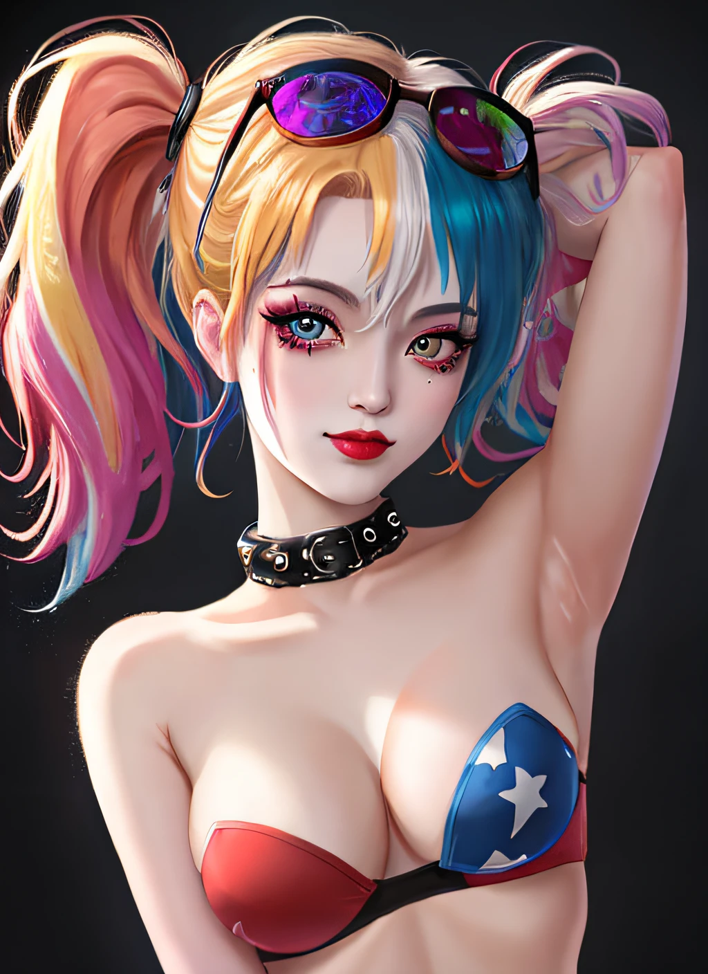 Harley Quinn, Drunken Beautiful Woman as Delirium, (mind-blowing Diamond coloring), punk rock, Tank Girl, High Detailed, 8K, Sharp focus, natural lighting, sub-surface scattering, F2, 35mm, film grain, bloom, ray tracing