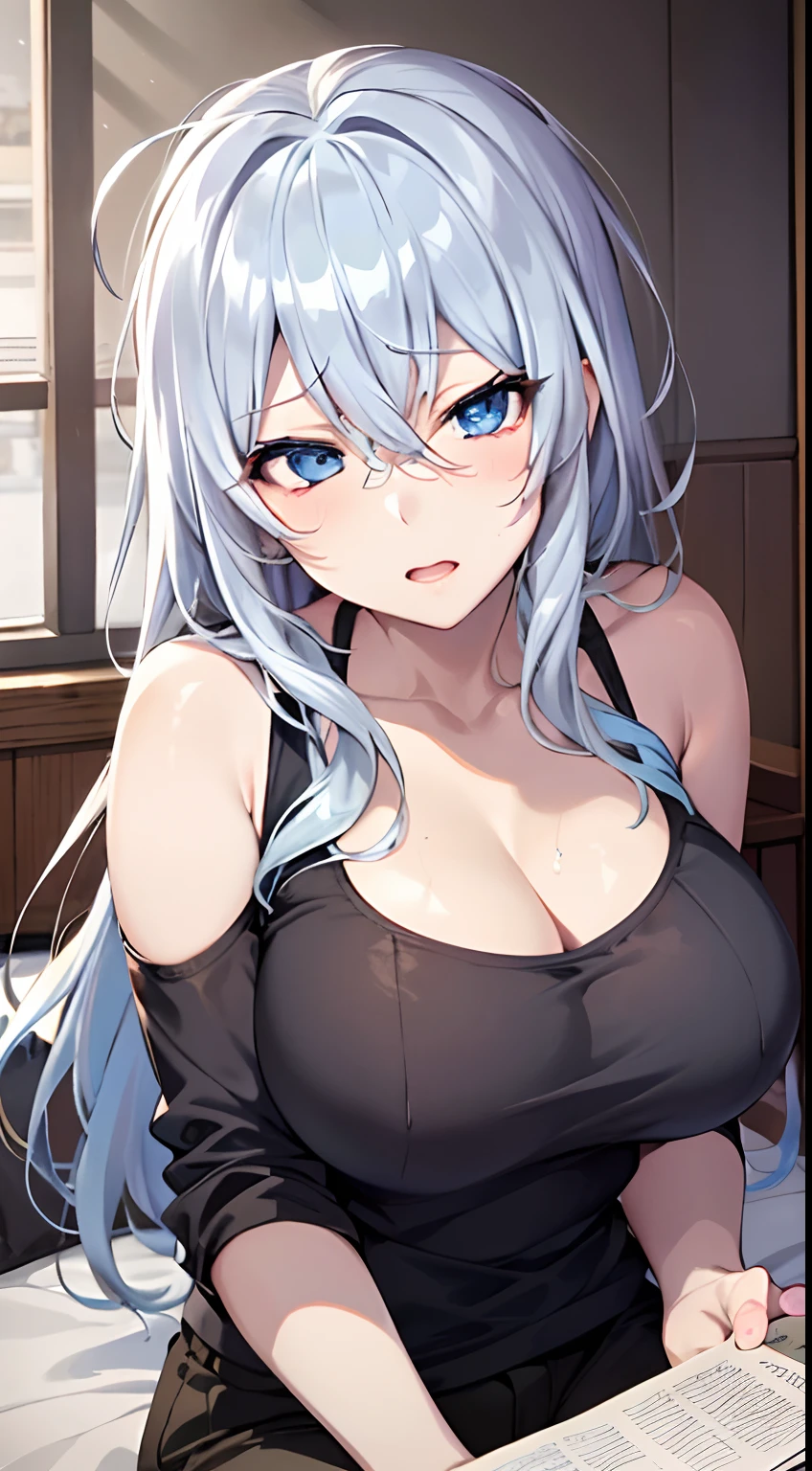 in bed, silver hair and blue eyes, black shirt and no bra, anime visual of a cute girl, screenshot from the anime film, & her expression is solemn, in the anime film, in an anime, anime visual of a young woman, she has a cute expressive face, still from anime, big breast, red cheek, lustful face, fair skin