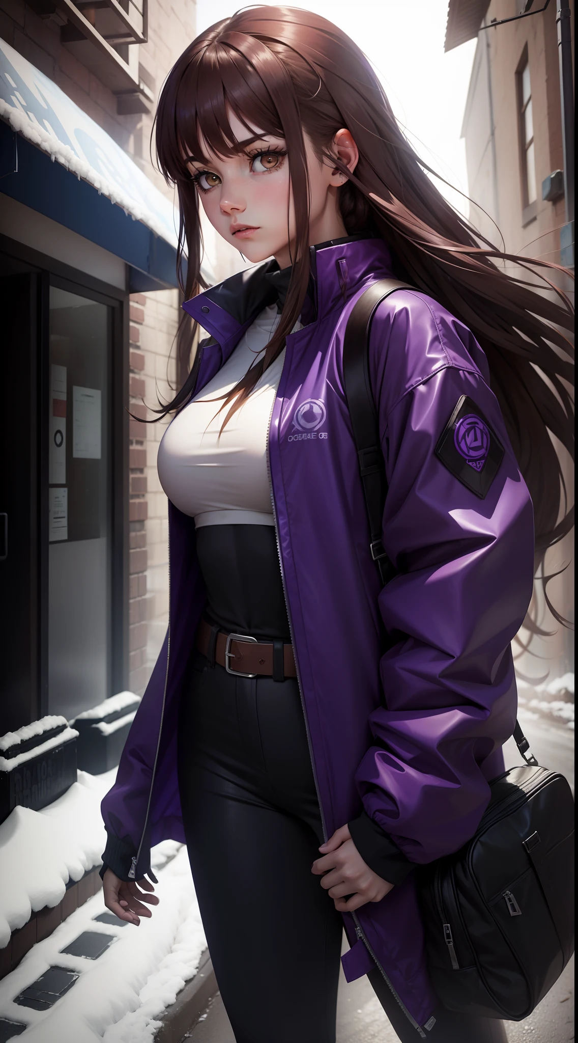 Ran, a cold and serious girl, is depicted with long, flowing dark brown hair. She exudes an aura of determination as she dons a purple jacket, which complements her overall appearance.