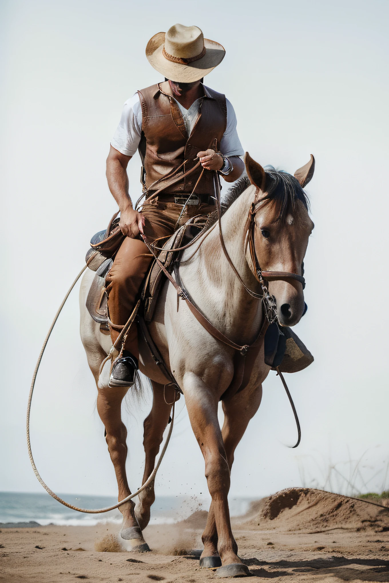 fotografia premiada de homem montado em seu cavalo branco, o homem usa uma camisa de cor marrom, brown leather pants, white hat, Rope loop in hand, Faroeste, vaqueiro, ocidental, anos 1890, disco Rigido, hard driveR, 12k, Ultra Definition