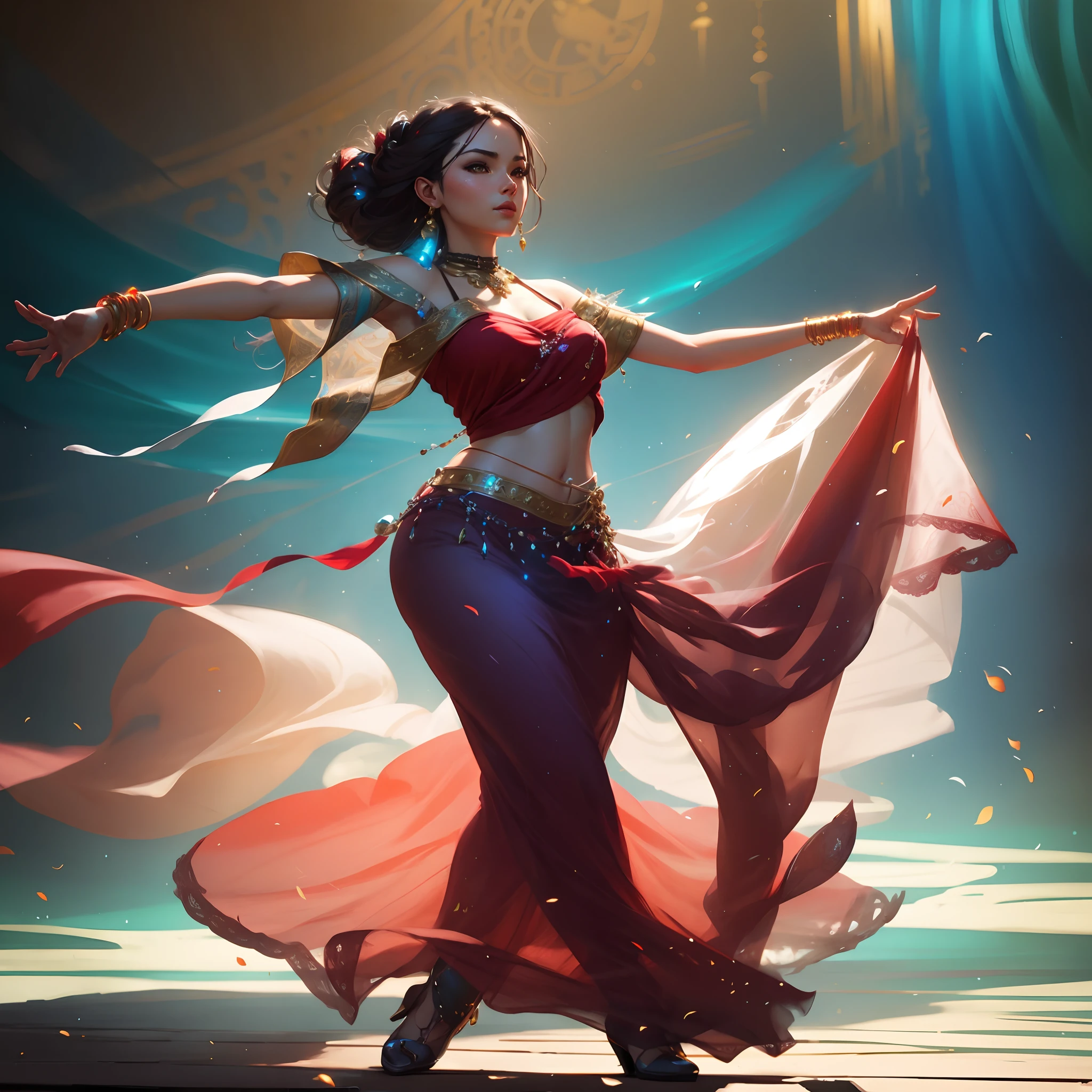 Araffe belly dance in a red dress with a red scarf, Artgerm Julie Bell Beeple, arte conceitual | Artgerm, arte do personagem charlie bowater, Arte de Wlop e Greg Rutkowski, Artgerm e Atey Ghailan, Arte do WLOP, Charlie Bowater Cores Profundas Ricas, arte wlop, Ross Tran 8 K gipsy