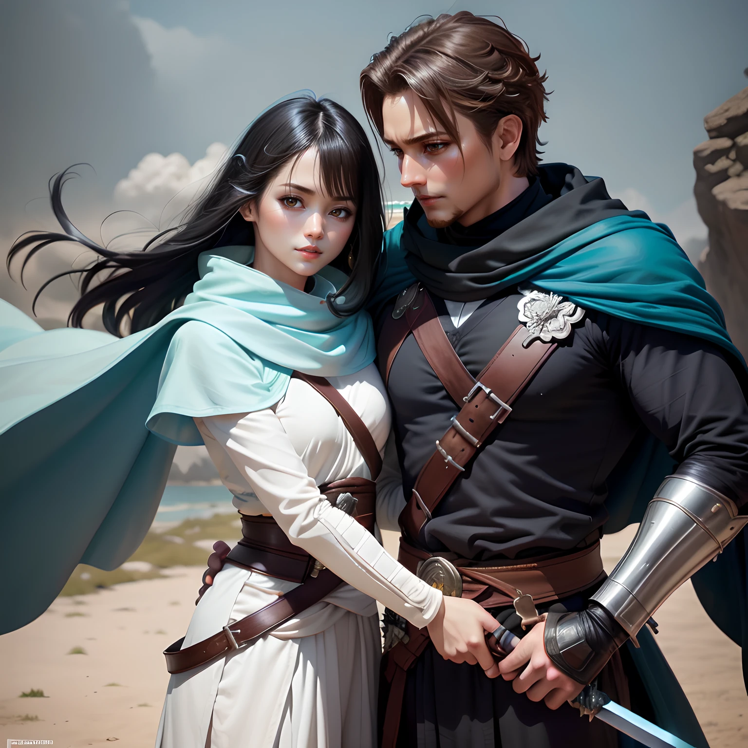 They are dressed in medieval clothes and holding swords on a beach, gama murata e artgerm, Masayoshi Suto e Artgerm, Artgerm e Genzoman, Artgerm e Ben Lo, Aly Fell e Artgerm, Ruan Jia e Artgerm, Artgerm e Ruan Jia