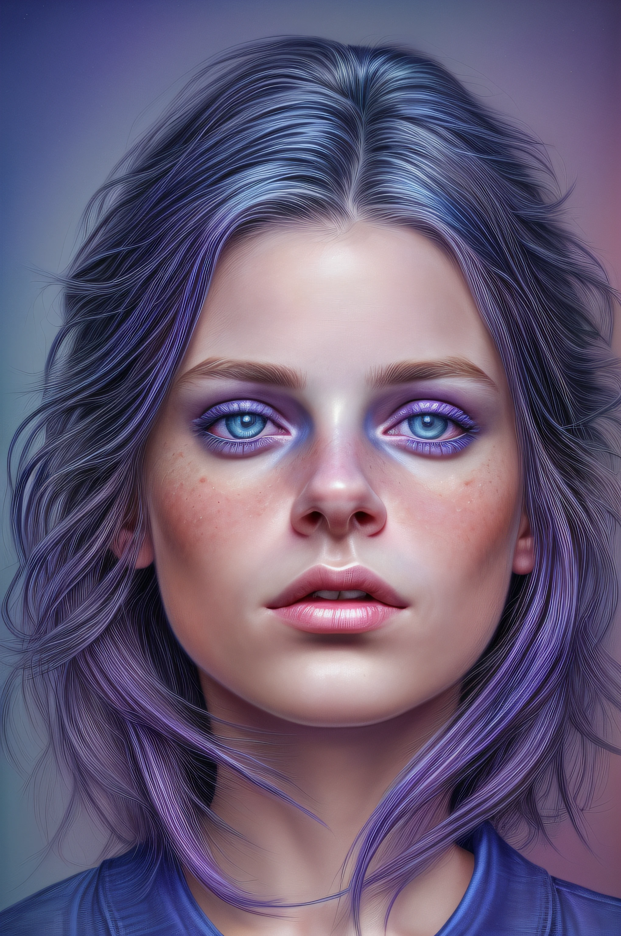color portrait photograph, ((a realistic portrait photo of a beautiful 21yo girl)), indigo hair, indigo eyes, indigo shirt, (SterreKV2:0.99), (one side up:1.4), light, ((glowy skin)), looking_at_viewer, (fit body:1.0), detailed illustration, masterpiece, high quality, realistic, very detailed face,