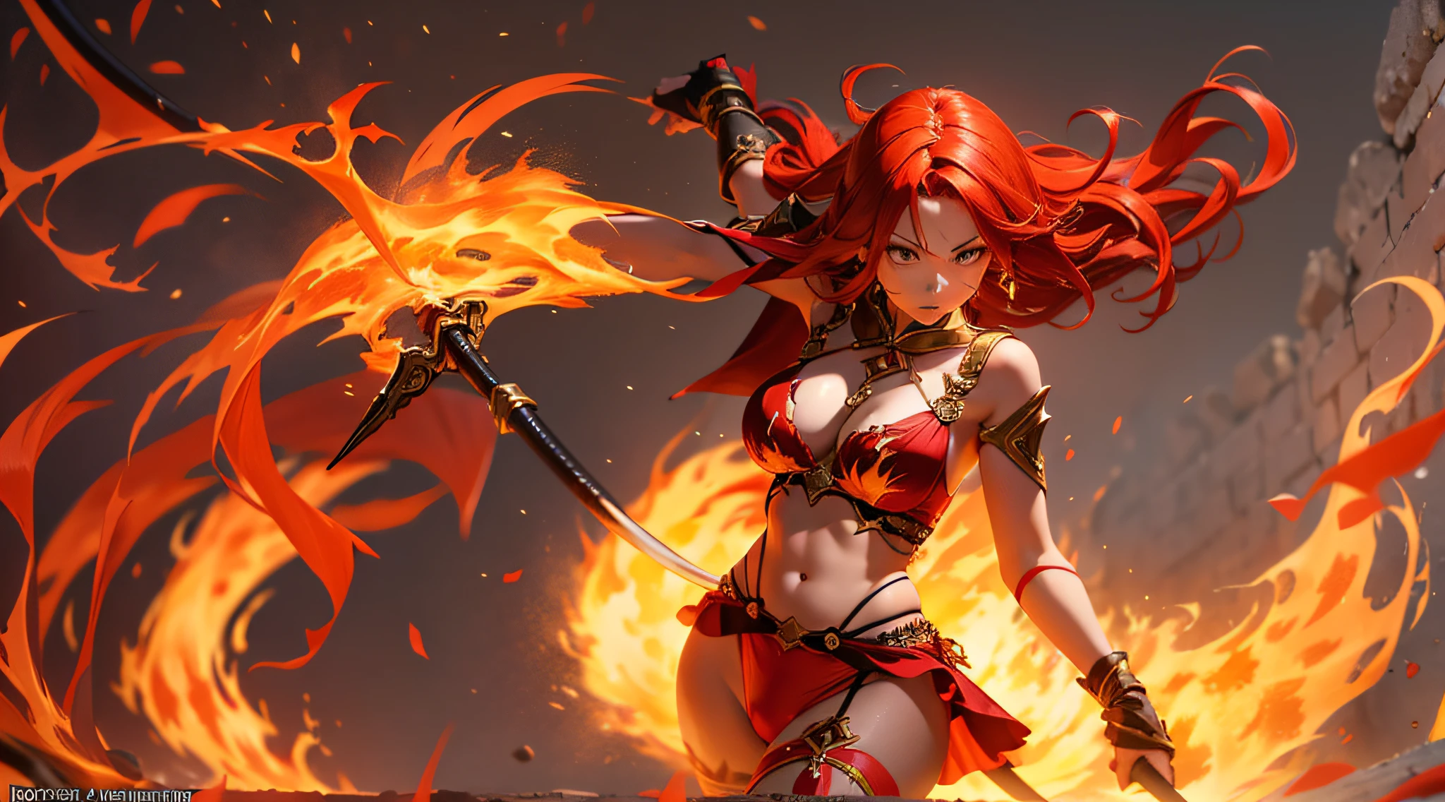Fiery redhead long flame goddess in fiery bright red underwear wields a whip like hell flames at will、Combat stance、masterpiece、realisitic