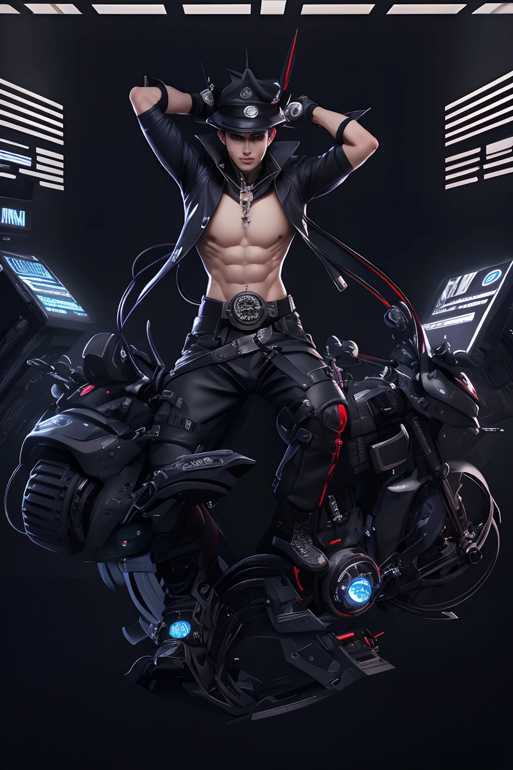 Model design，A handsome boy，Wu Yifan，police hat，Lab Room，Cord，Cyberpunk Style，（Expose muscles），Raised sexy，musculous，（nakeness）Tech style，Wu Yifan