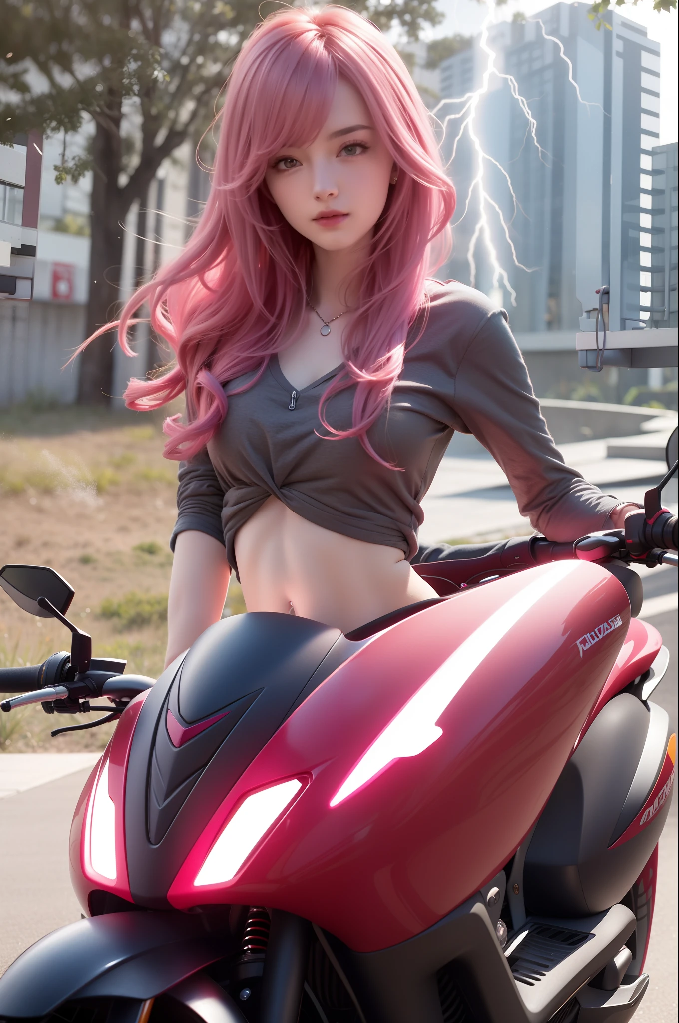 Pink haired girl sitting on moving electric motorcycle，The lightning effect radiates all over the body，natta