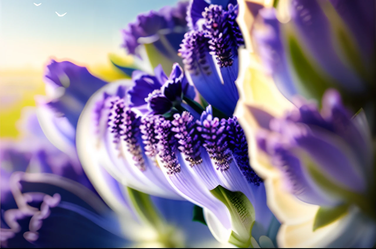 (Baroque luxury oil painting) Lavender fields are in full bloom, Intricate details, Disorganized minimalism, Delicate flower and garden paintings