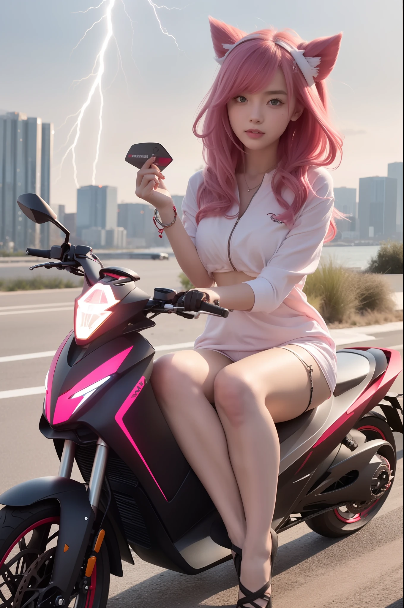 Pink haired girl sitting on moving electric motorcycle，The lightning effect radiates all over the body，natta