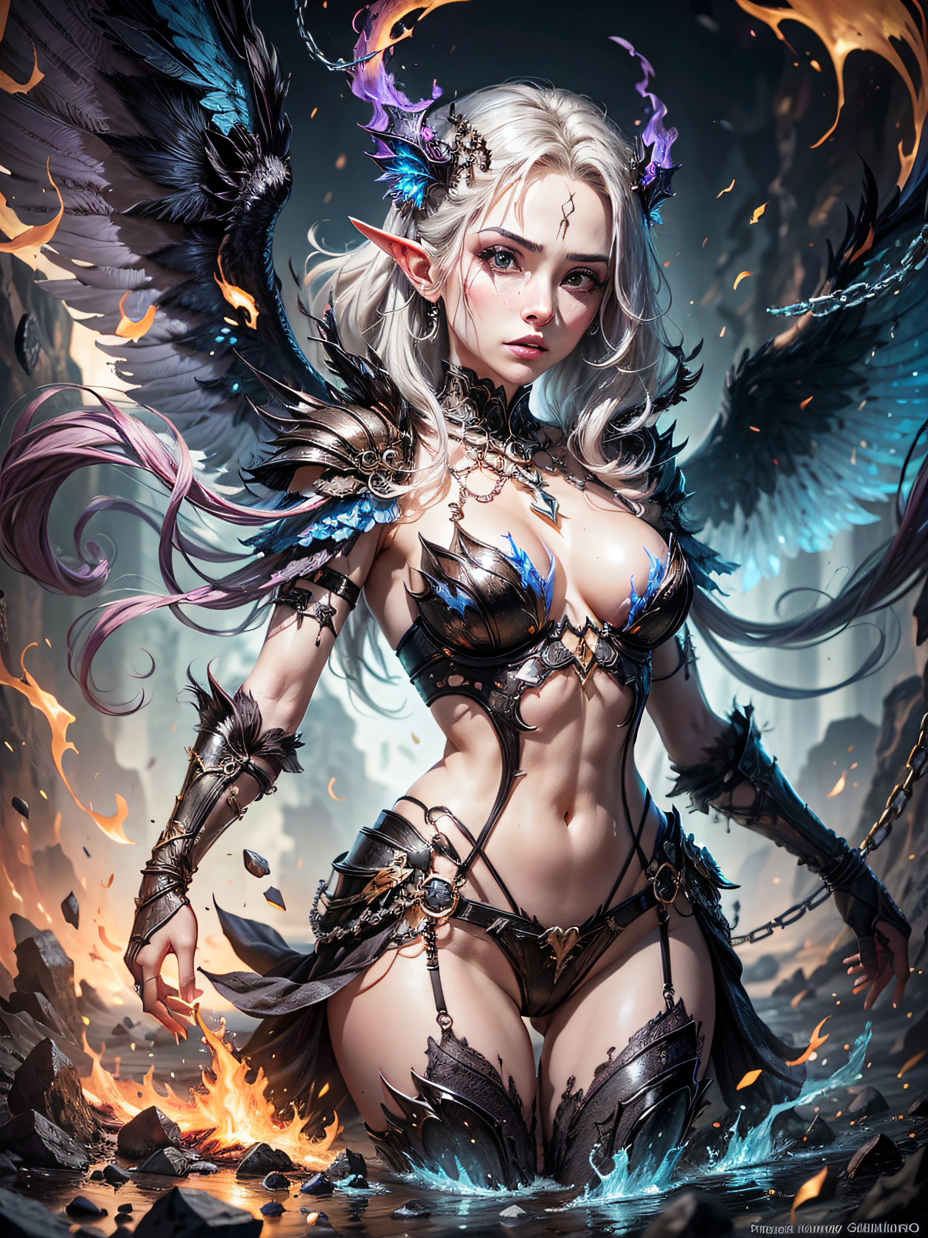an up-close photo of a demonic sorceress conjuring fire, various burning chains around her, corpo sedutor, corpo alto, corpo maduro, aura ardente BREAK, bolas de fogo, centelha laranja e amarela deslumbrante ao redor, little blue phoenix flying in the background, lava on the ground, magma, corpo sexy, roupas detalhadas, BREAK, detalhado, realista, 4k arte digital altamente detalhada, octano render, bioluminescente, hair white, BREAK 8K resolution concept art, realismo, por Mappa studios, obra-prima, melhor qualidade, arte oficial, illustration, ligne claire, (cool_color), perfect compositio, absurdres, fantasia, focado, rule of thirds, (((face perfeita detalhada)))