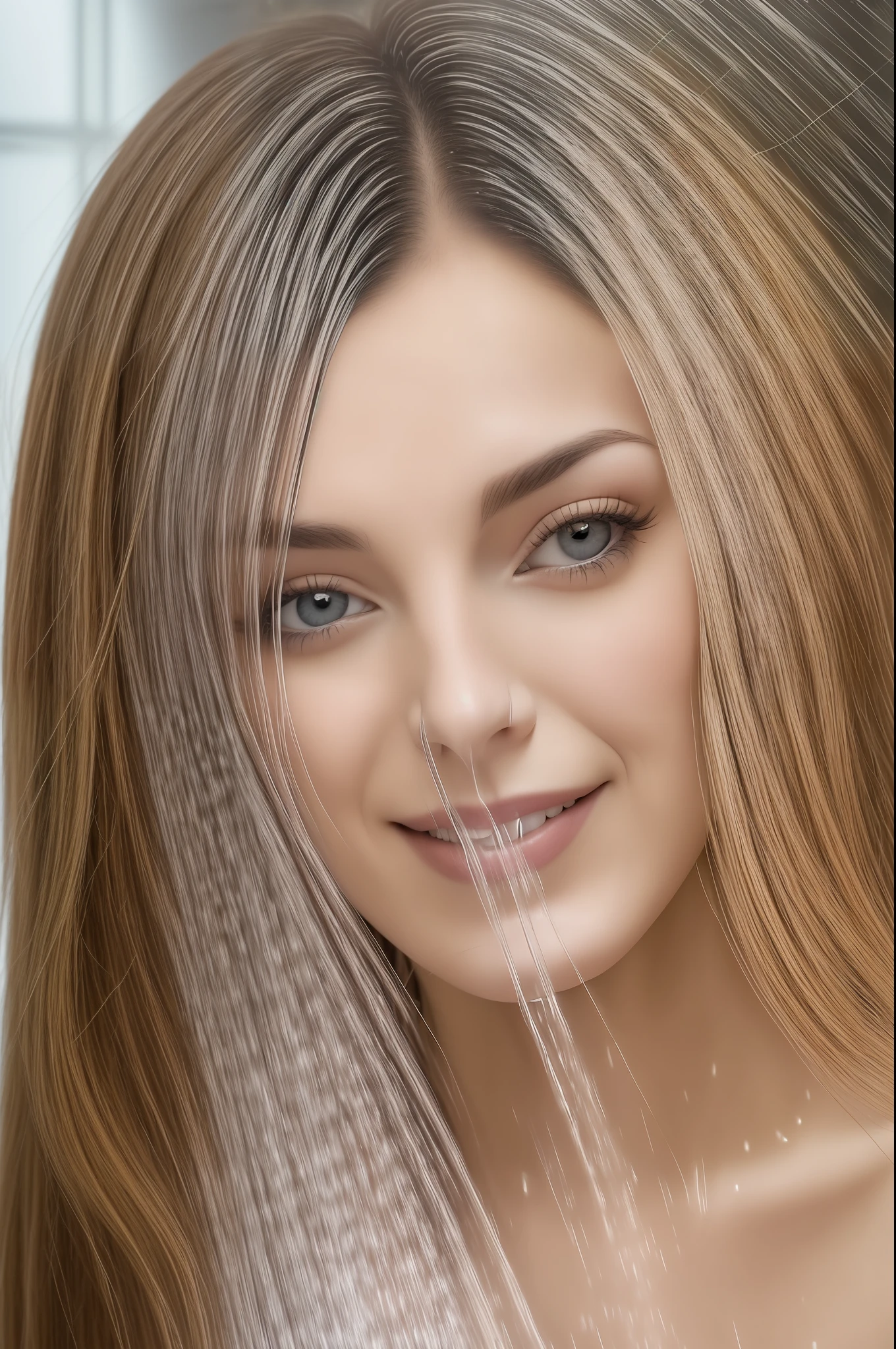 photo portrait of woman 40 ties in the shower with a bottle of perfume smiling at the camera --auto --s2