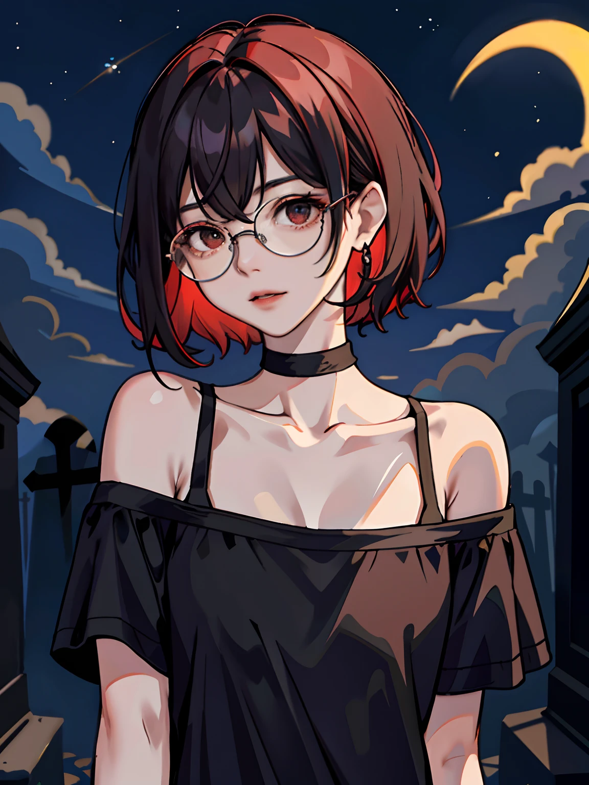 (masterpiece:1.2、top-quality), (1 Lady、Solo、The upper part of the body:1.2), hair:Shorthair,Black with red hair only at neckline、Clothing:Black T-shirt、Round glasses、The location:Ruins、graveyard、ghosting、skeletal、Psychic phenomena、mid night、erotick、sexuell、gals、small tits、dark、terroral、