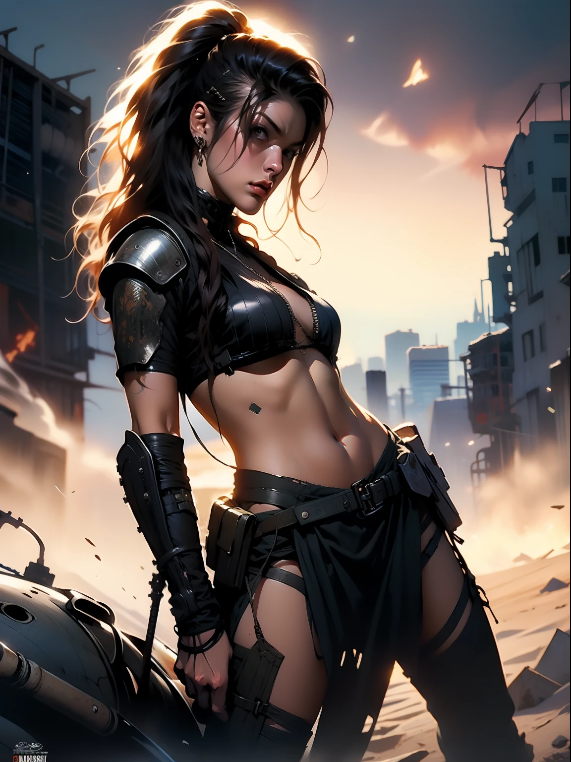 A post-apocalyptic warrior, uma mulher de 35 anos quase nua no estilo Simon Bisley para a capa da revista Heavy Metal, cabelo metade preto metade branco
