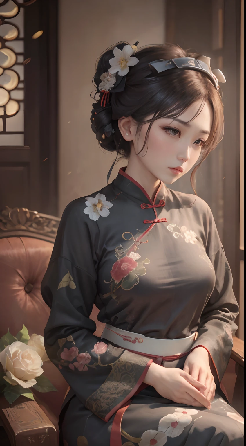 There was a woman,Wearing a black cheongsam,Dignified sitting on the sofa,Bunched hair,The eyes are melancholy,Republic of China retro style,Vintage lighting,Light