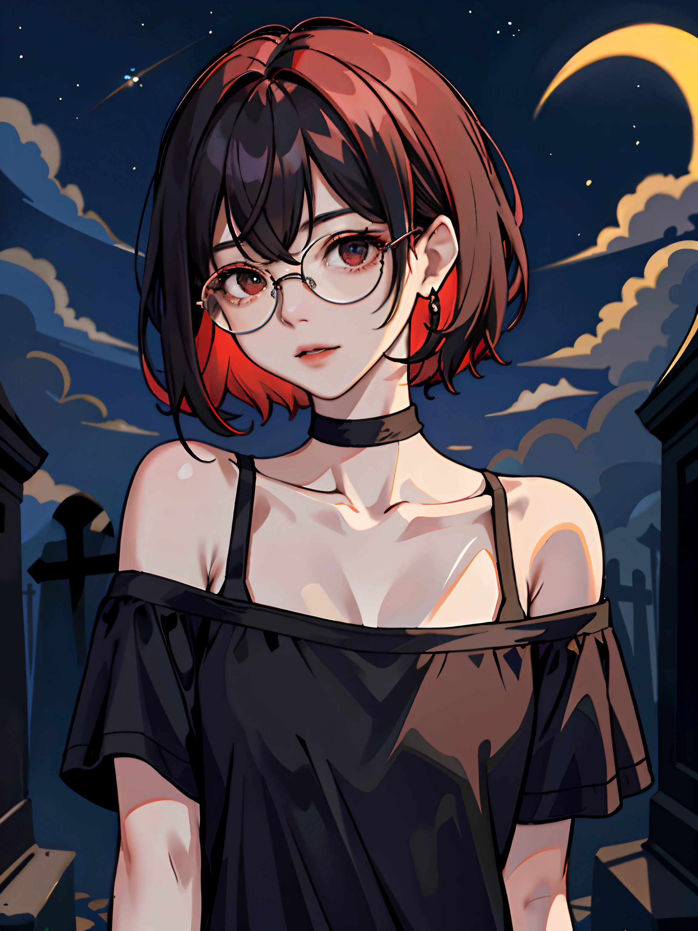 (masterpiece:1.2、top-quality), (1 Lady、Solo、The upper part of the body:1.2), hair:Shorthair,Black with red hair only at neckline、Clothing:Black T-shirt、Round glasses、The location:Ruins、graveyard、ghosting、skeletal、Psychic phenomena、mid night、erotick、sexuell、gals、small tits、dark、terroral、
