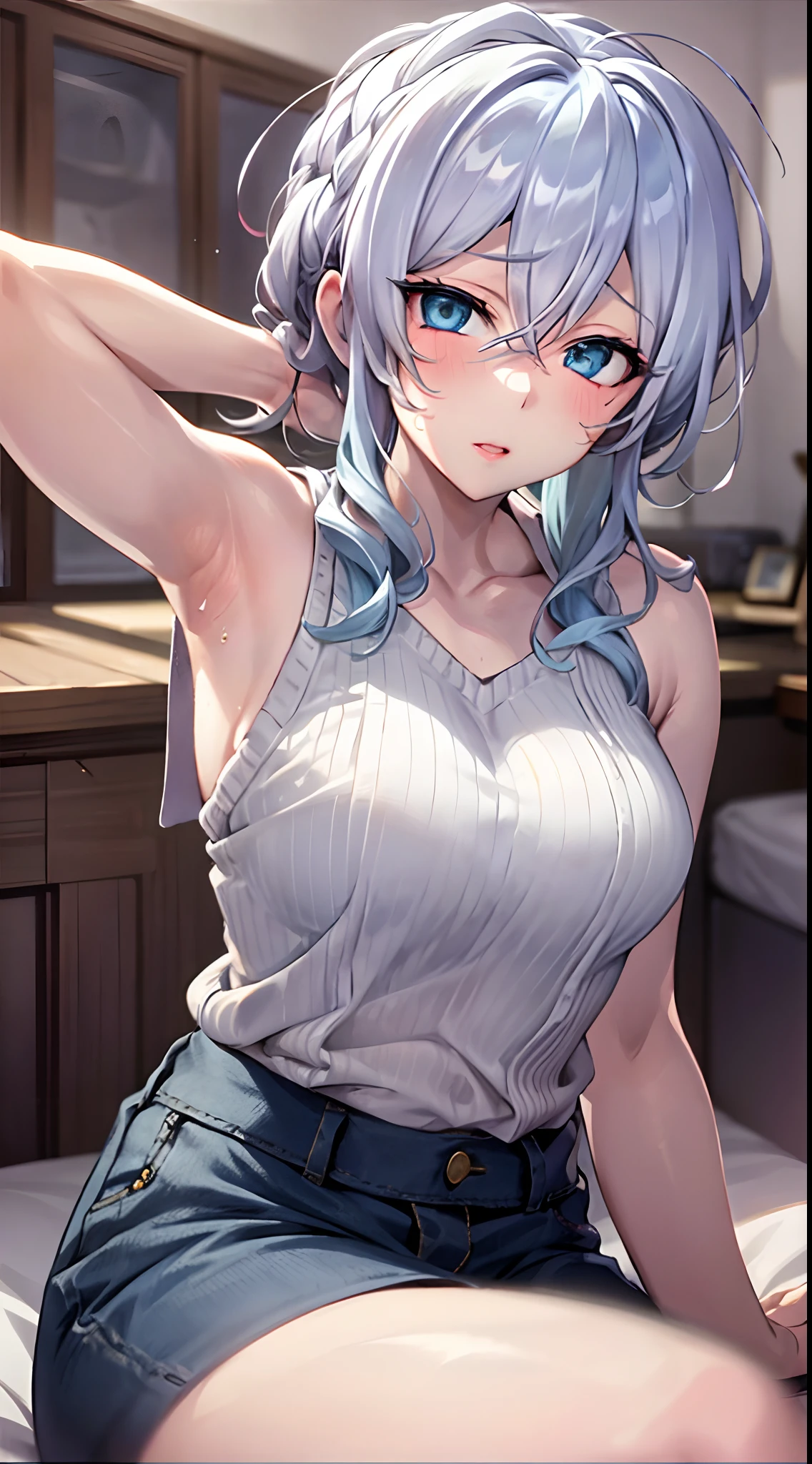 in bed, silver hair and  blue eyes, short hair, white shirt and no bra, anime visual of a cute girl, screenshot from the anime film, & her expression is solemn, in the anime film, in an anime, anime visual of a young woman, she has a cute expressive face, still from anime, big breast, red cheek, lustful face, fair skin