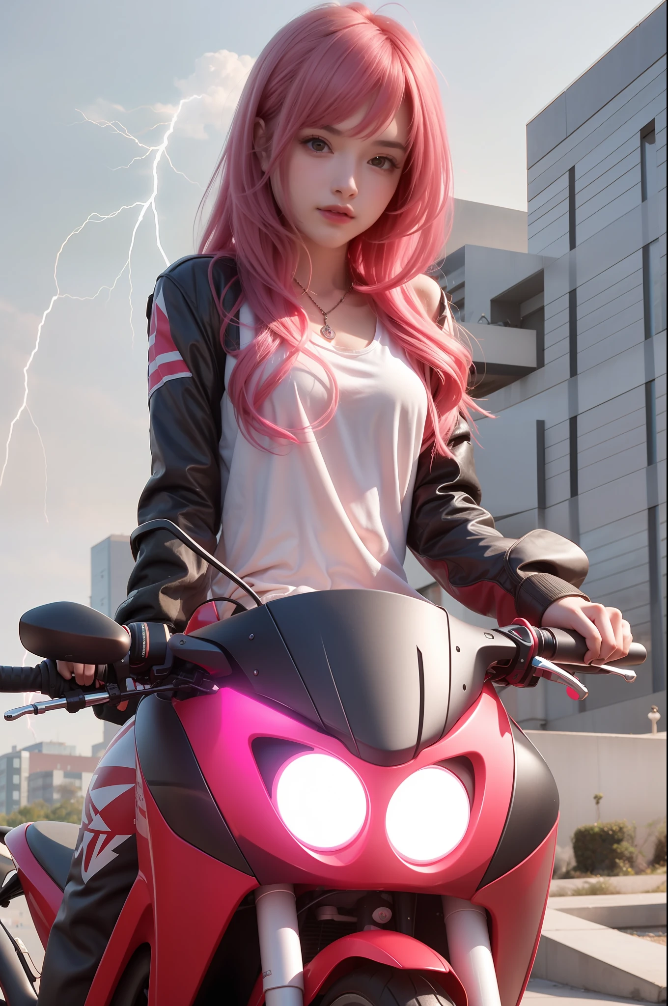 Pink haired girl sitting on moving electric motorcycle，The lightning effect radiates all over the body，natta