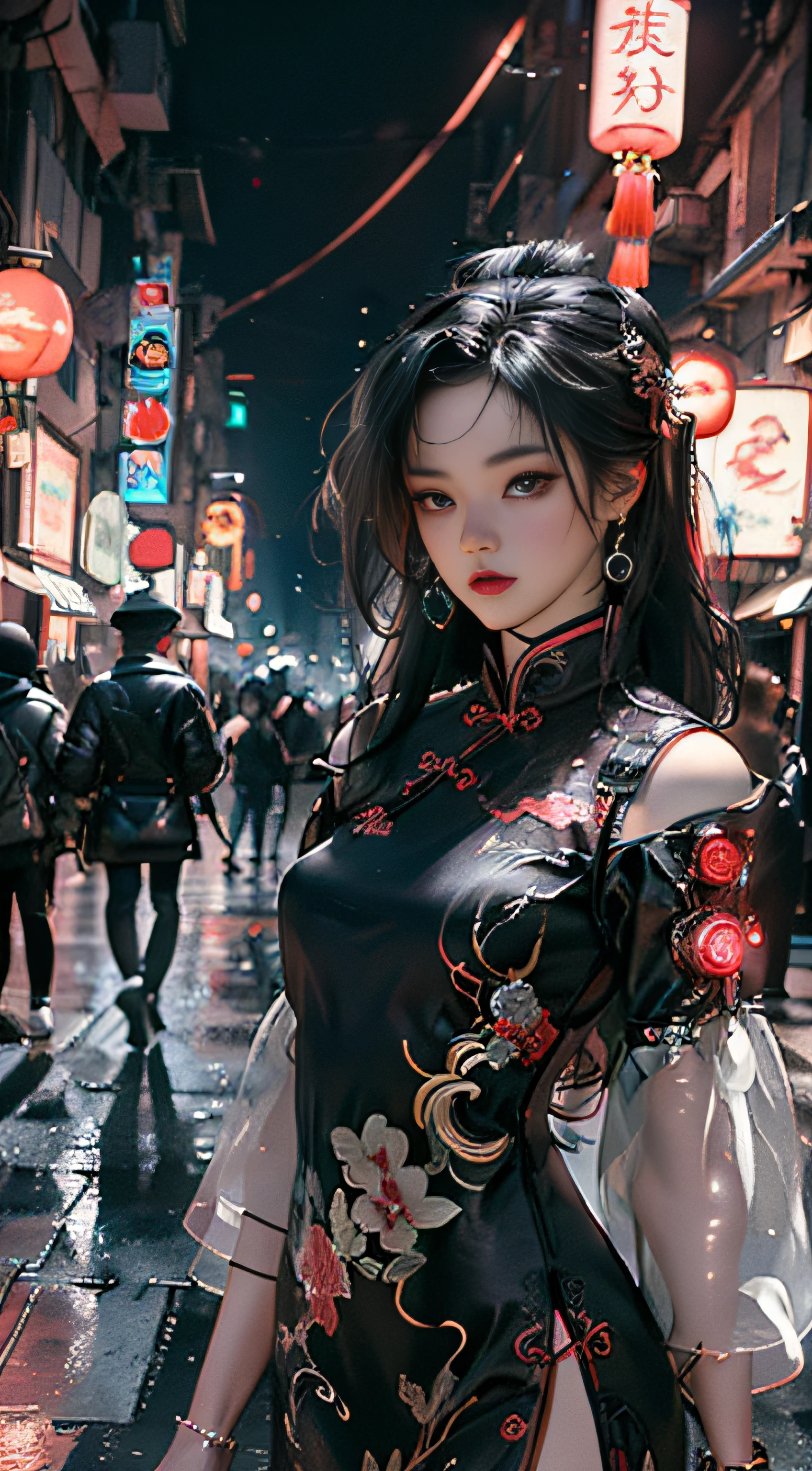 (Master Works :1.5), (Best picture quality :1.5), (Very Fine Detail, 8K, Wallpaper :1.3), Very Fine Detail, High contrast, Complex Detail, physics-based rendering, Best Composition, Whole body, Cyberpunk character Style, Dynamic Styling, 1 girl, Fine brown eyes, Eyeshadow, Makeup, long black hair, Detailed big eyes, looking at the audience, blush, full small lips, red lips, long hair :1.3, upper body, (standing), (Hair accessories :1.1), headwear, Chinese cheongsam, Cyberstyle Cheongsam, blue and pink cheongsam, (Cyberpunk Light :1.1), neon, all mechanical and futuristic elements, technology, the background is a traditional Chinese street, This street with no people, on the street with no people, paper lanterns, neon, Ultra high resolution, (Slim:1.2), dramatic lighting, vibrant detail, Deluxe Cyberpunk, Complex background, octane render, 8k, best quality, masterpieces, illustrations, extremely delicate and beautiful, Very detailed, CG, wallpaper, (realistic, realistic :1.37), Amazing, fine detail, masterpiece, best quality, official art, (Natta :1.5) cowboy shot