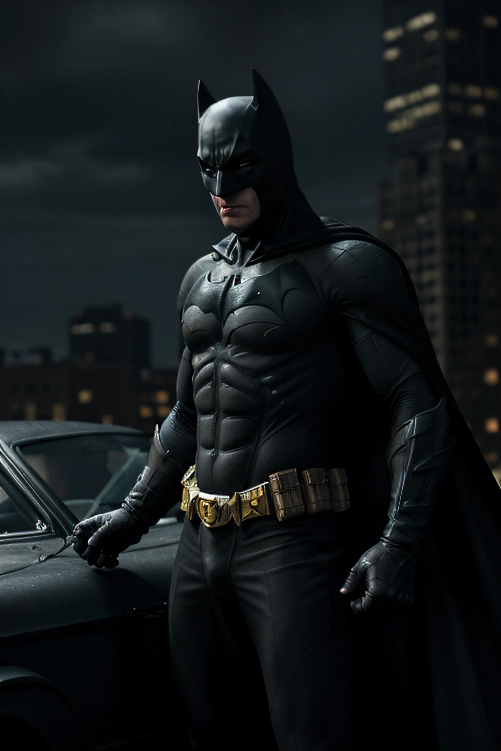 Create a batman inspired by John Wilheim, ultra realistic, in a dark and gothic gotham city, with his batmobile.