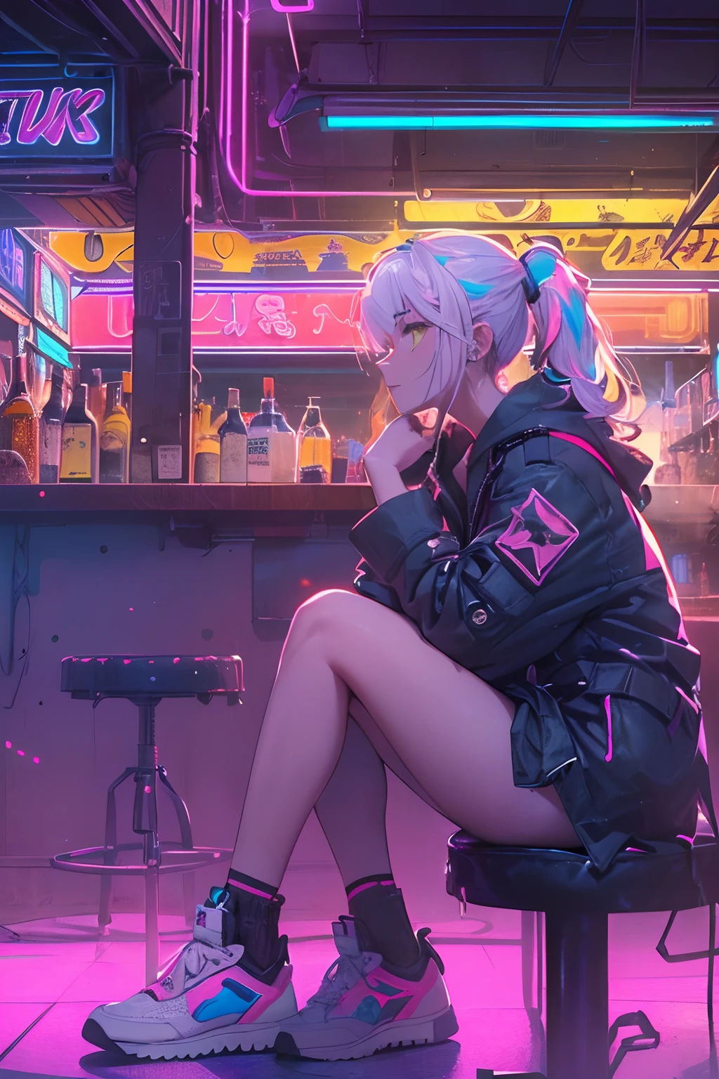 (masterpiece, 4k ,ultra detailed:1.2),(anime:1.2),illustration,(realistic:1),(photorealistic:1),
(solo:1.4),
(sitting on stool:1.2),(from side:1.2),(looking away,facing away:1.2),(from above:1.3),
(perspective:1.2),
(indoor,bar:1.4),(counter,cyberpunk,reflection:1.2),(crowd,people:1.4),
(neon sign,blue neon,pink neon,yellow neon:1.4),
(off-shoulder neon trench coat,t-shirt,cargo pants,sneaker:1.3),
(platinum white hair,ponytail:1.2),(supermodel:1.4),(various hair color),