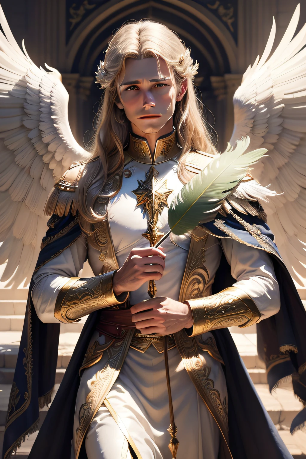 A portrait of an Archangel in the heavens gate, shining light being expelled from behind him and large and beautiful feather wings