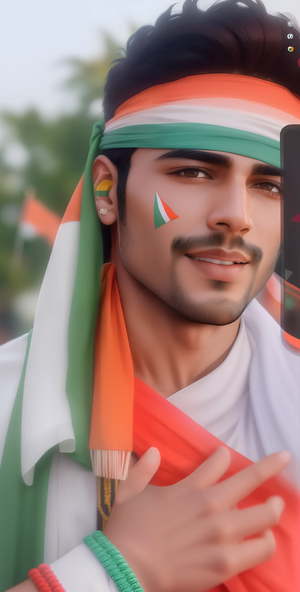 arafed man with indian flag headband taking a selfie, indian, provocative indian, india, hindu aesthetic, indian flag, handsome face, good looking face, profile pic, tiktok video, accurate depiction, new song, very very low quality picture, indian super model, tricolor background, attractive and good looking, trending on tiktok, flag in his right hand