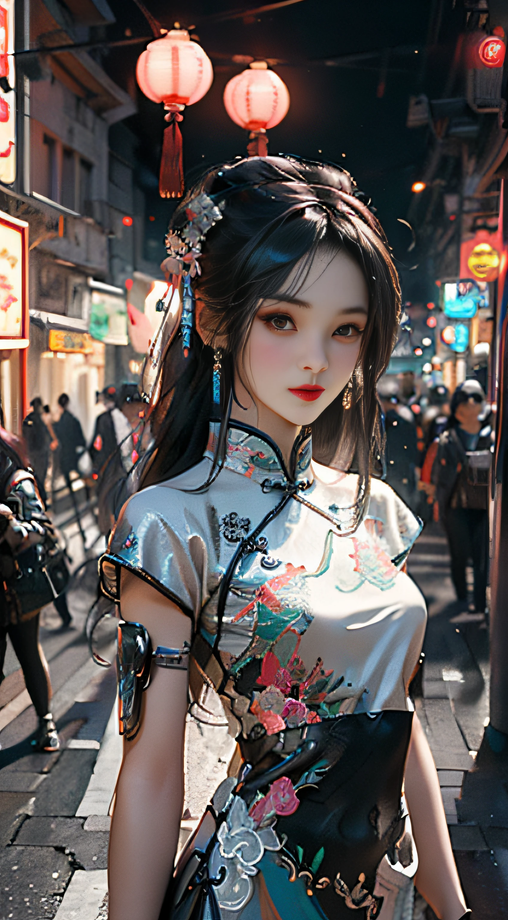 (Master Works :1.5), (Best picture quality :1.5), (Very Fine Detail, 8K, Wallpaper :1.3), Very Fine Detail, High contrast, Complex Detail, physics-based rendering, Best Composition, Whole body, Cyberpunk character Style, Dynamic Styling, 1 girl, Fine brown eyes, Eyeshadow, Makeup, long black hair, Detailed big eyes, looking at the audience, blush, full small lips, red lips, long hair :1.3, upper body, (standing), (hair accessories :1.1), headwear, Chinese cheongsam, Cyberstyle Cheongsam, blue and pink cheongsam, (Cyberpunk Light :1.1), neon, all mechanical and futuristic elements, technology, background is traditional Chinese street, Chinese town, Chinese city, Chinese city, Chinese city, Chinese city, Chinese city. Street, Paper Lantern, Neon, Ultra high resolution, (Slim:1.2), dramatic lighting, vibrant Detail, Deluxe Cyberpunk, Complex Background, Octane render, 8k, best quality, masterpieces, illustrations, extremely delicate and beautiful, Very detailed, CG, wallpaper, (realistic, realistic :1.37), amazing, fine Detail, Masterpiece, best quality, official art, (Natta :1.5) cowboy shot