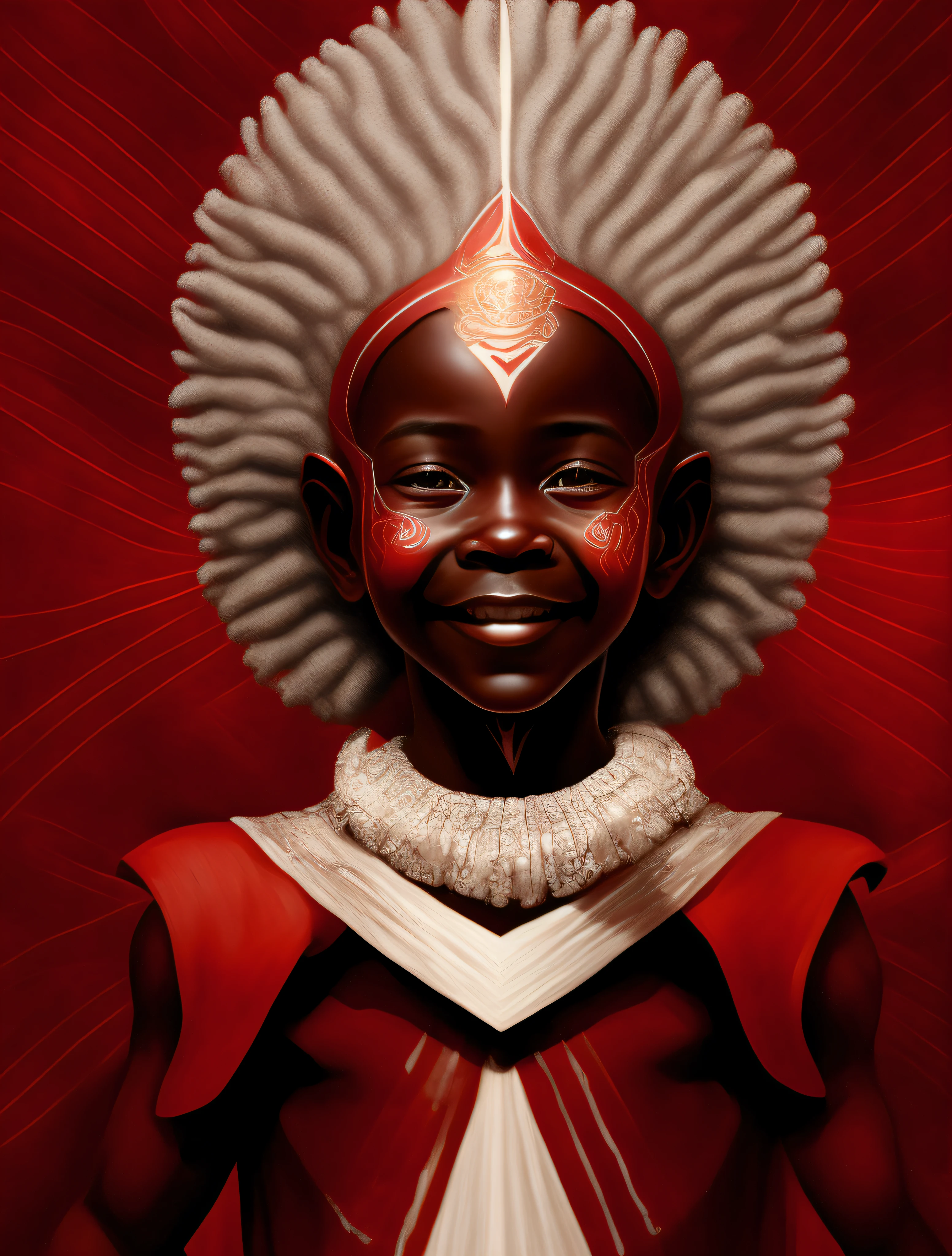 barnet,menino,xango, The African Orisha;, (((child smiling))),sorrindo,dentes brancos,(((Sorriso aberto))), HAPPY CHILD god of justice, o juiz, o justo, Ioruba, Yoruba deity, olhar de menino, sensivel, sorrir, belo, Props in shades of red and white, vestindo um ade detalhado e intrincado, cosmic god,Afrofuturista, vermelho e branco